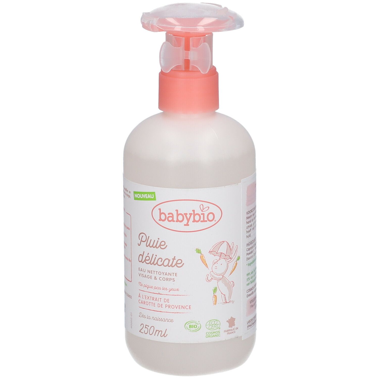 Reinigingswaterfles met pompsluiting. Roze-witte verpakking met logo en productnaam. Biologische certificering.