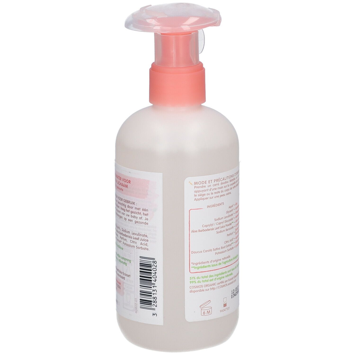 Achterkant van de reinigingswaterfles. Roze-witte verpakking met tekst en ingrediënten. Biologische certificering.