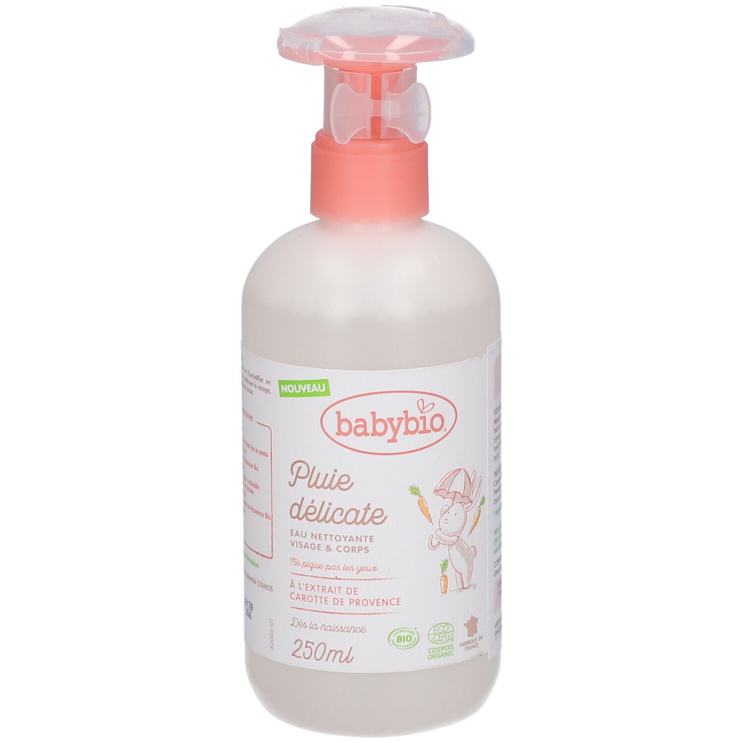 Reinigingswaterfles met pompsluiting. Roze-witte verpakking met logo en productnaam. Biologische certificering.