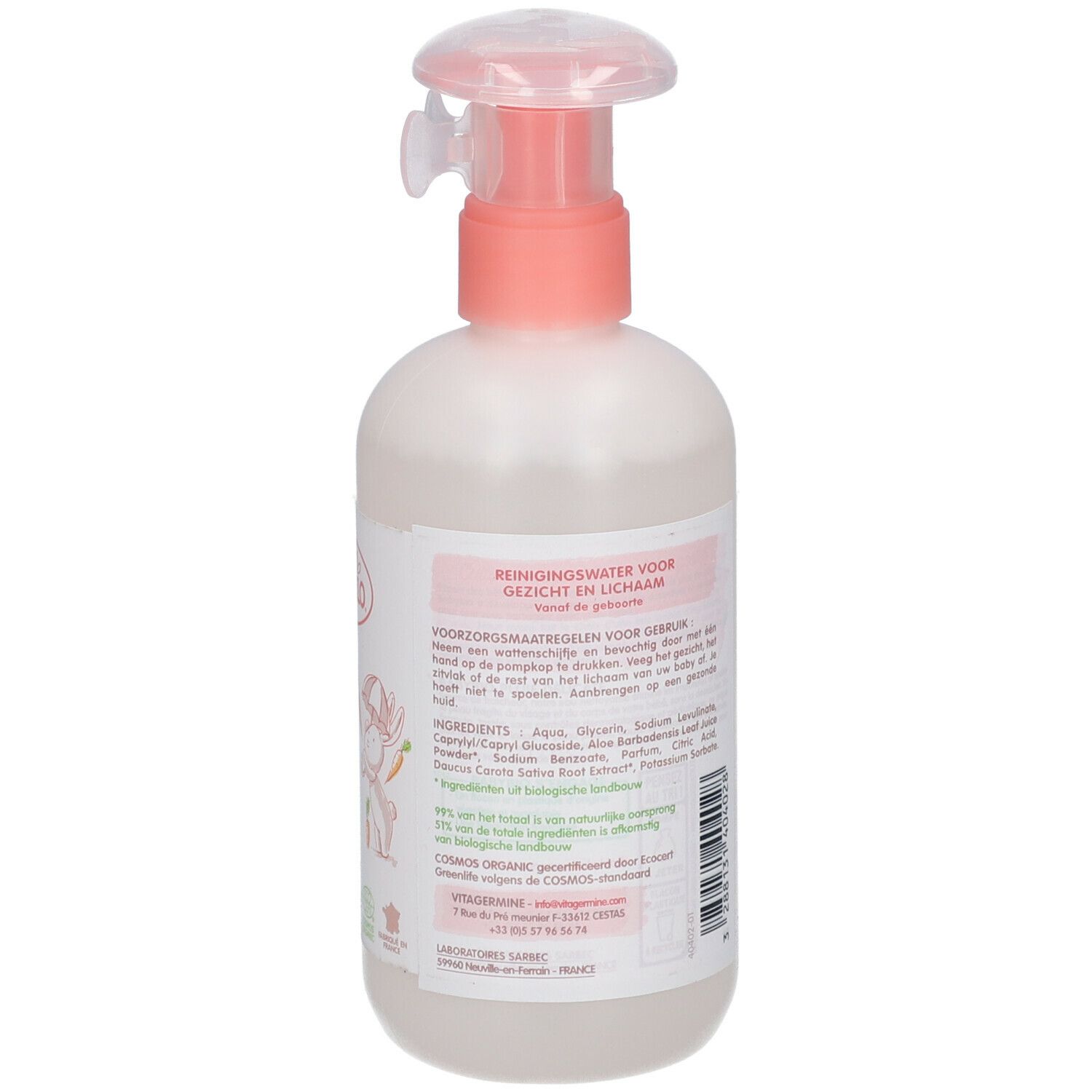 Achterkant van de reinigingswaterfles. Roze-witte verpakking met tekst en ingrediënten. Biologische certificering.