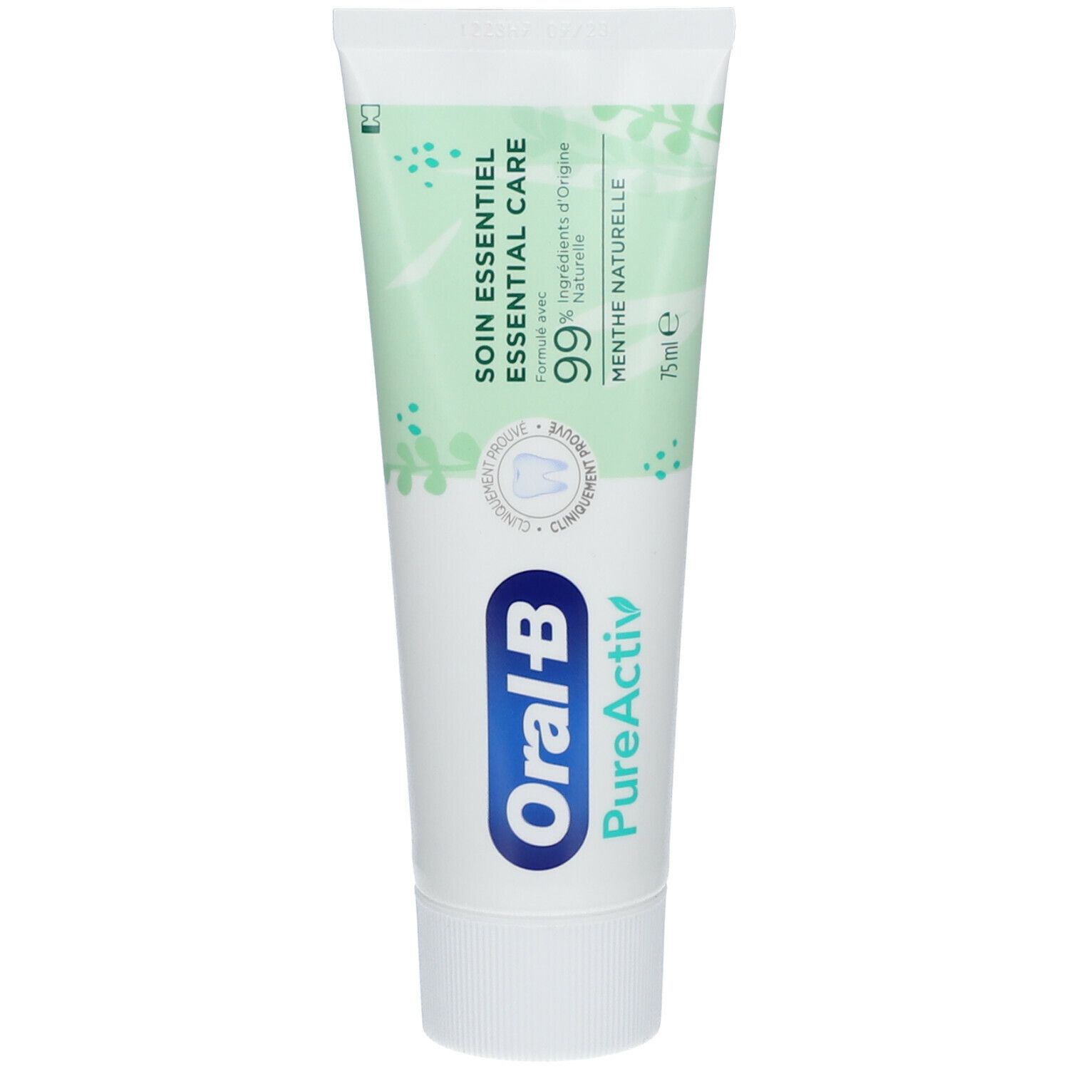 Witte en groene tandpastatube. Opschrift: Oral-B PureActiv, Essential Care, 99% ingrediënten van natuurlijke oorsprong.