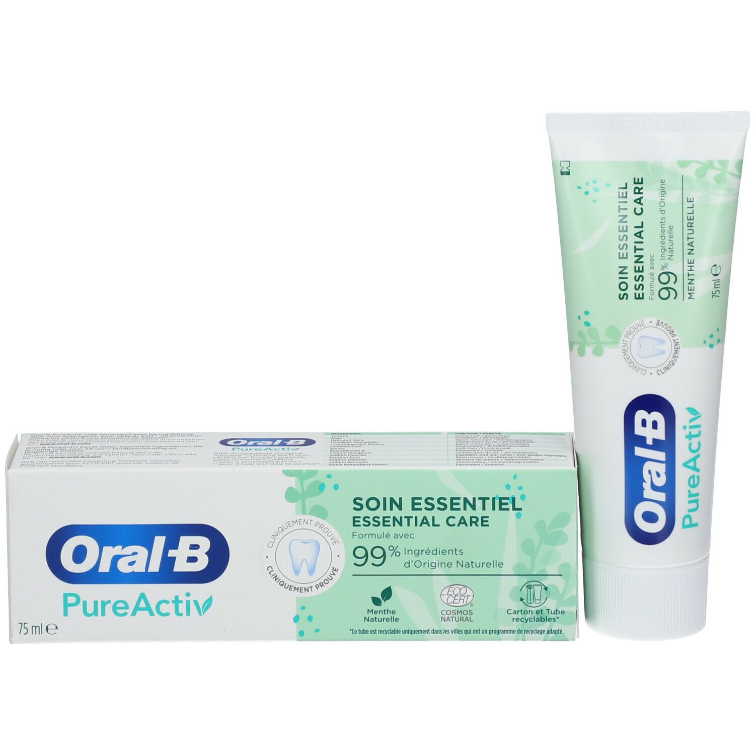 Tandpastatube en verpakking. Verpakking: Oral-B PureActiv, Essential Care. Tube: wit-groen. 99% natuurlijke ingrediënten.