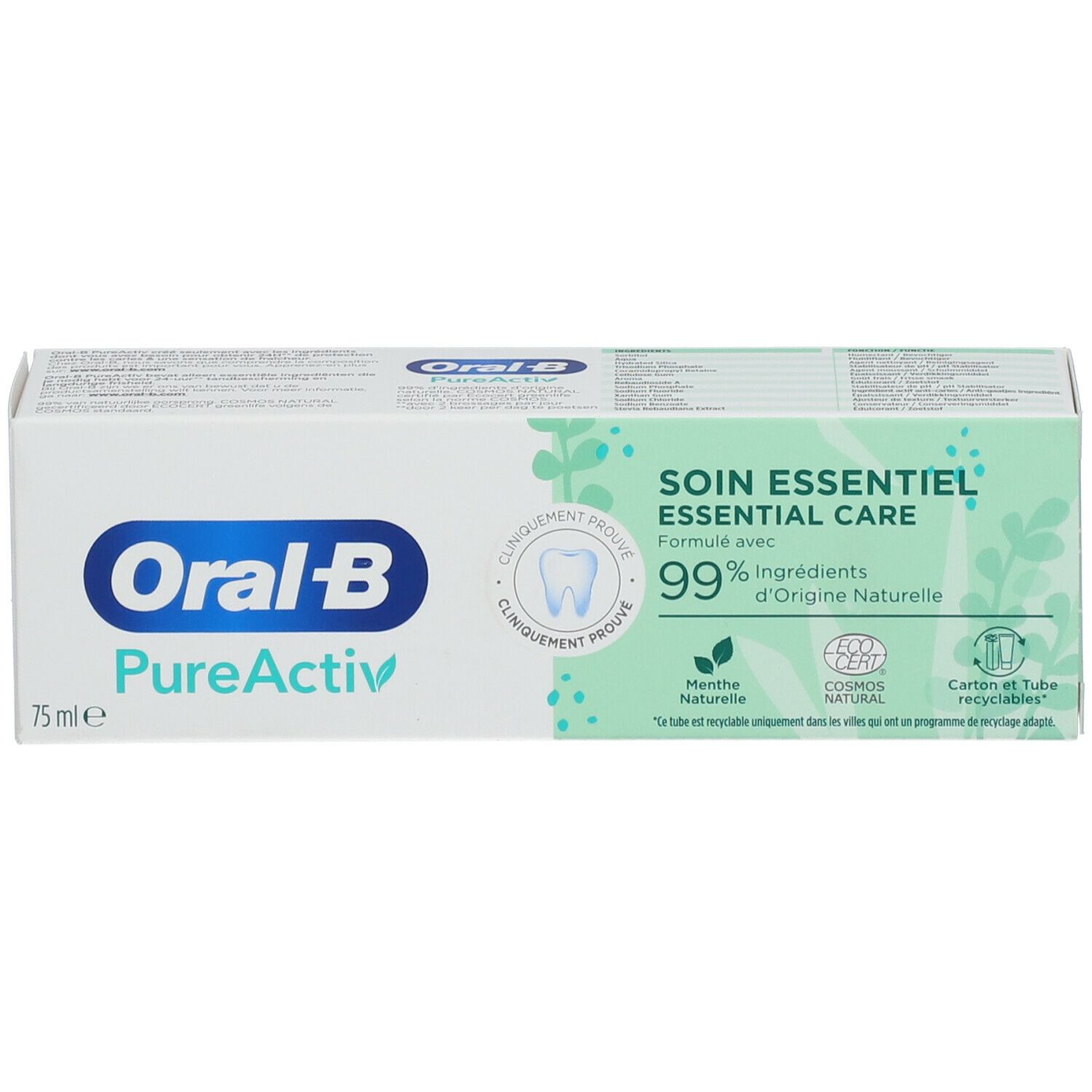 Tandpastaverpakking, wit-groen. Opschrift: Oral-B PureActiv, Essential Care, 99% natuurlijke ingrediënten. 75 ml.
