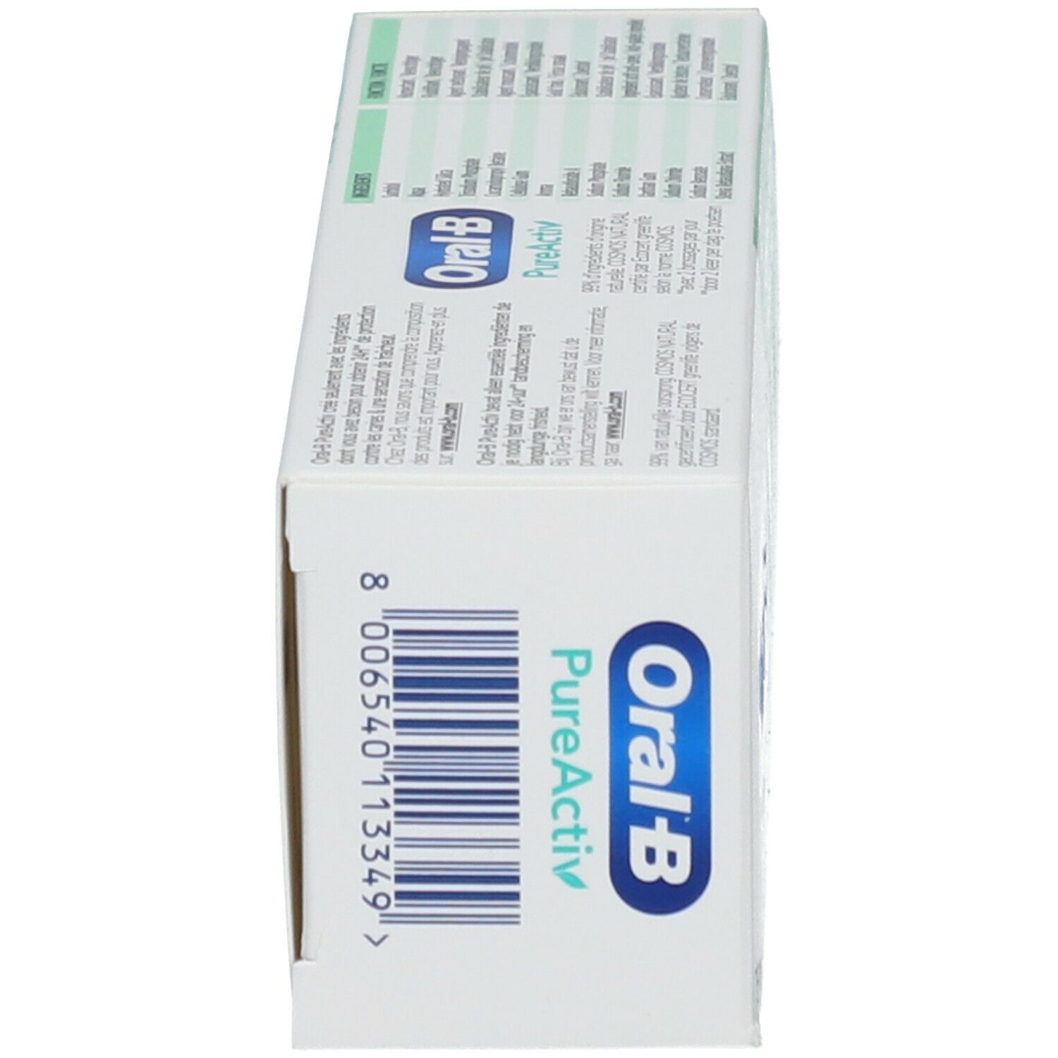 Zijkant van de tandpastaverpakking. Streepjescode en opschrift: Oral-B PureActiv. Meertalige tekst.