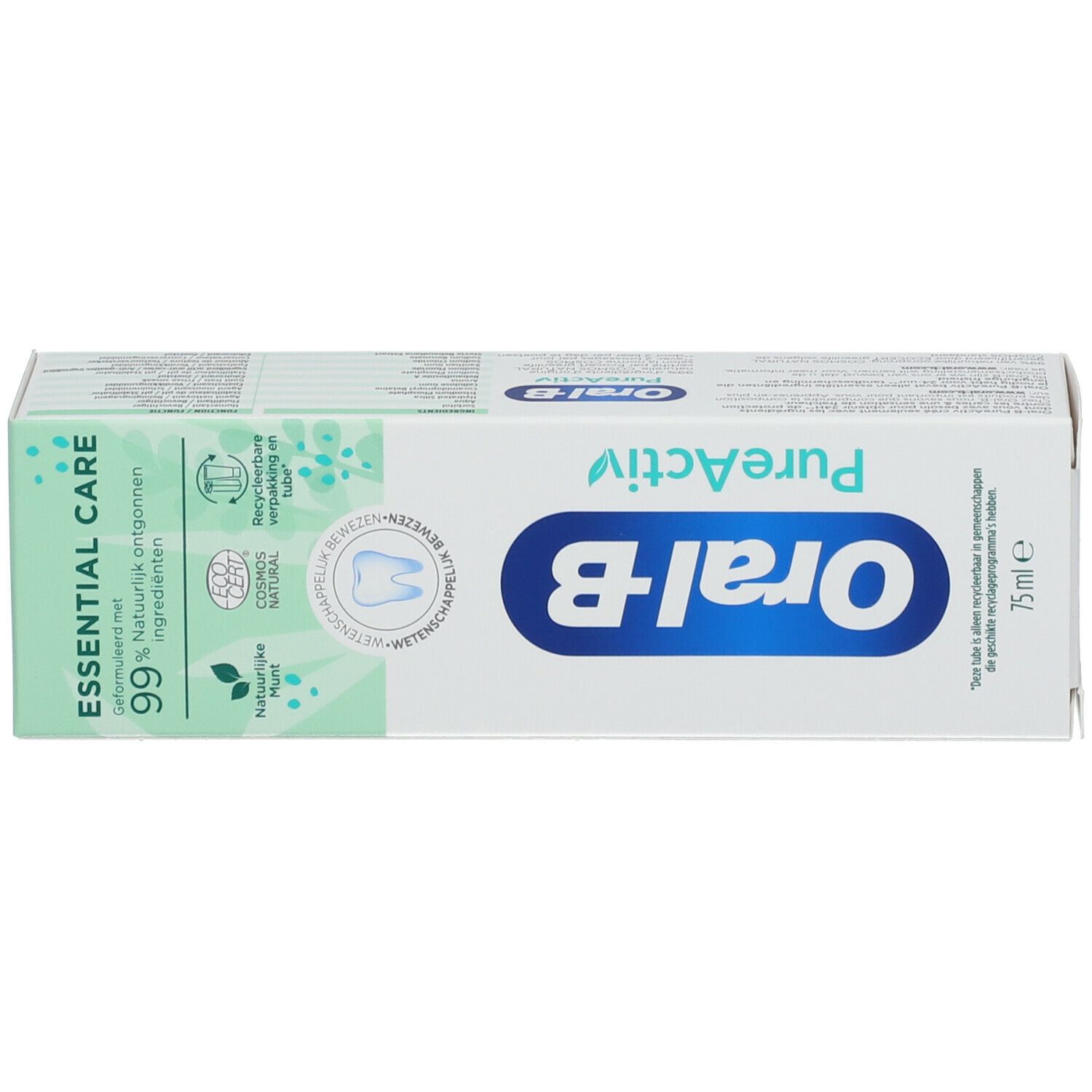 Tandpastaverpakking, wit-groen. Opschrift: Oral-B PureActiv, Essential Care, 99% natuurlijke ingrediënten. 75 ml.