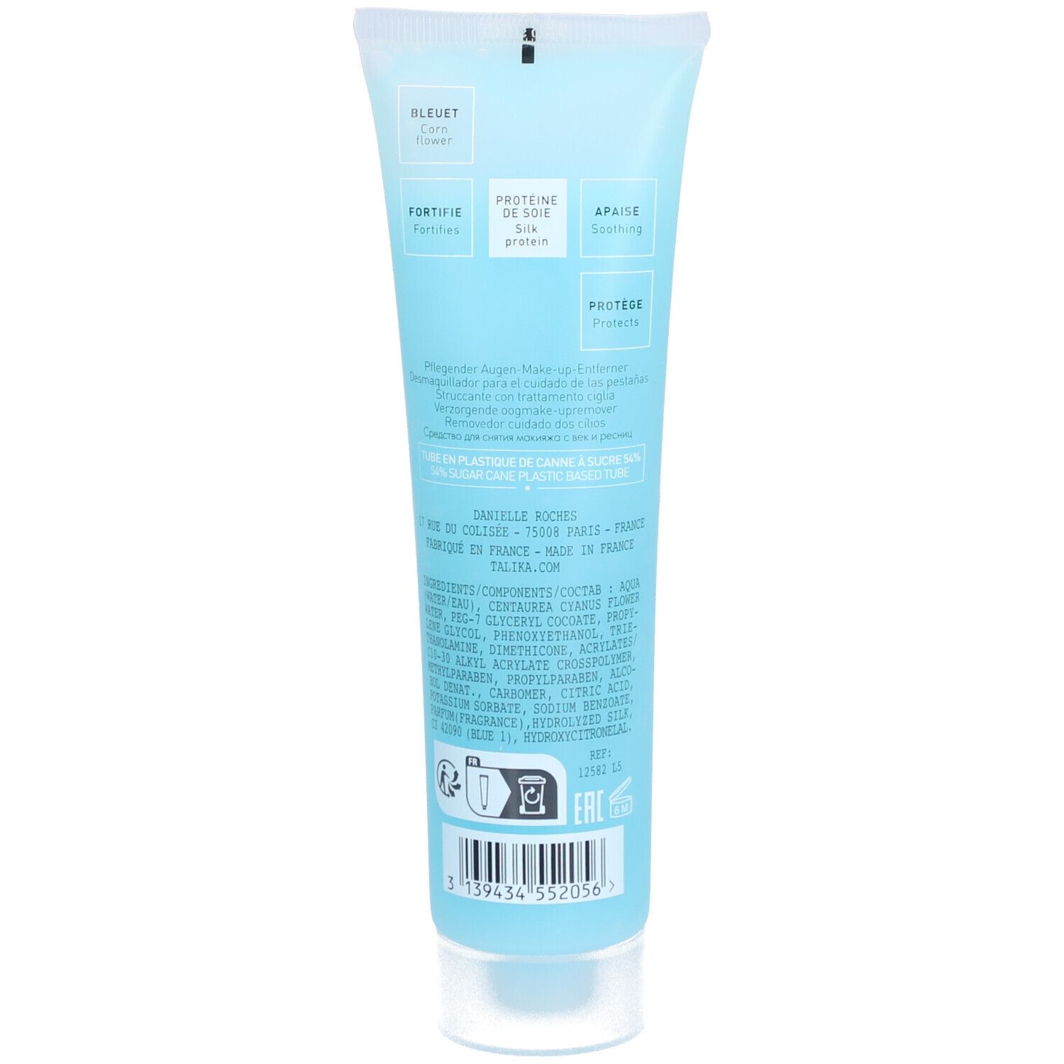 Achterkant van de lichtblauwe tube. Tekst: BLEUET, FORTIFIE, PROTEINE DE SOIE, APAISE, PROTEGE. Ingrediëntenlijst en barcode.