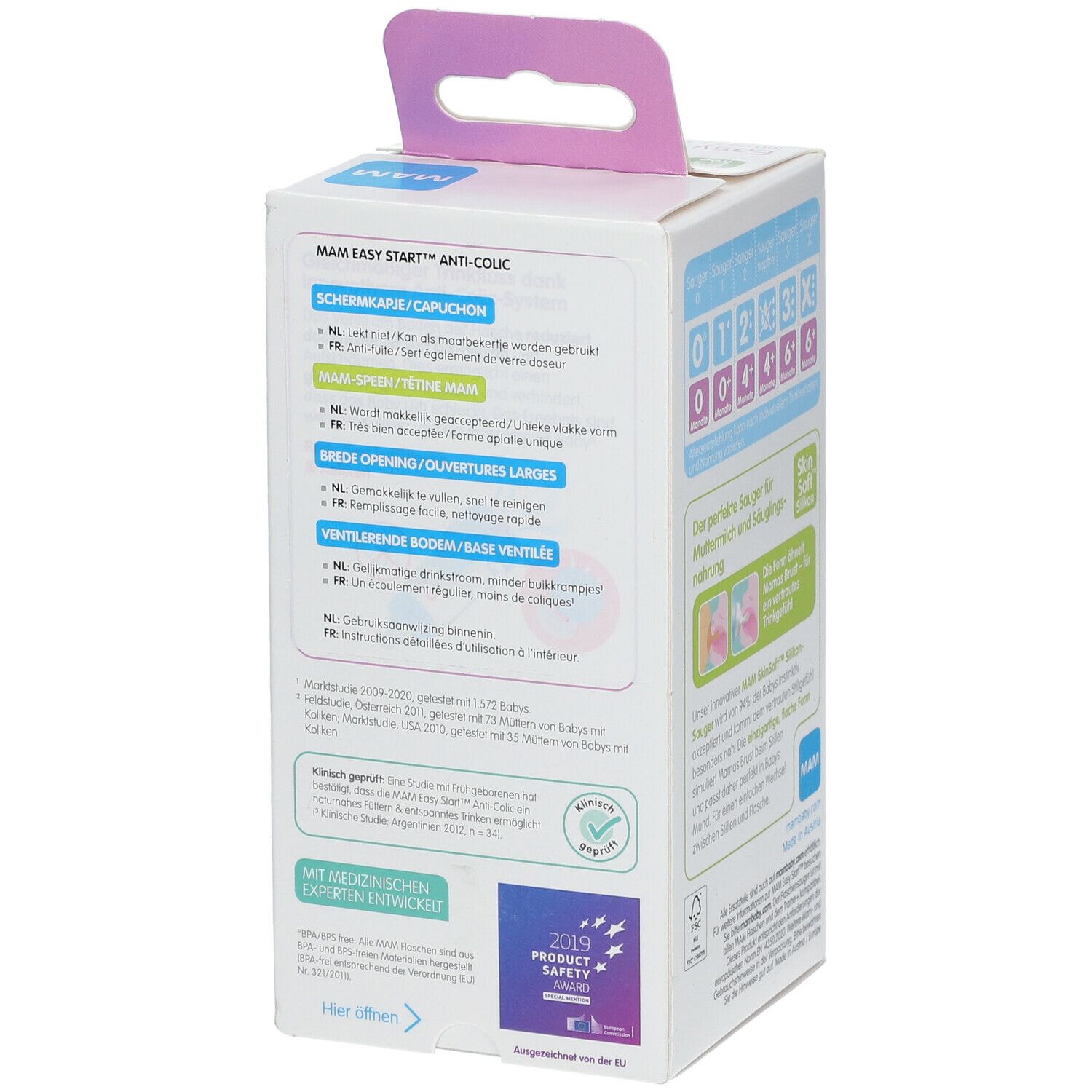 Achterkant van de babyflesverpakking. Productinformatie, diagrammen en MAM-logo. Met certificeringen.