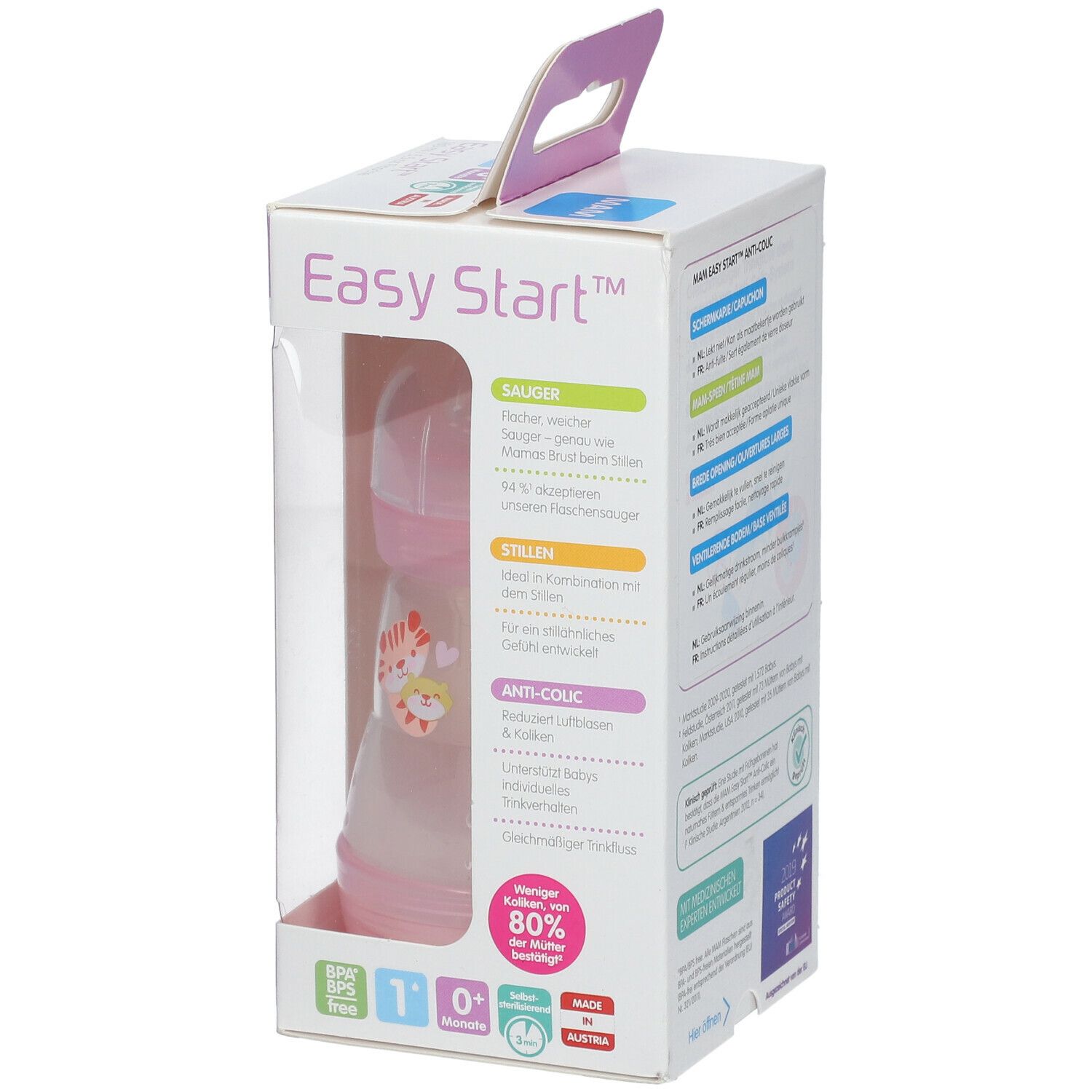 Babyfles in verpakking. Roze fles met dop en speen. Productnaam en MAM-logo op de verpakking.