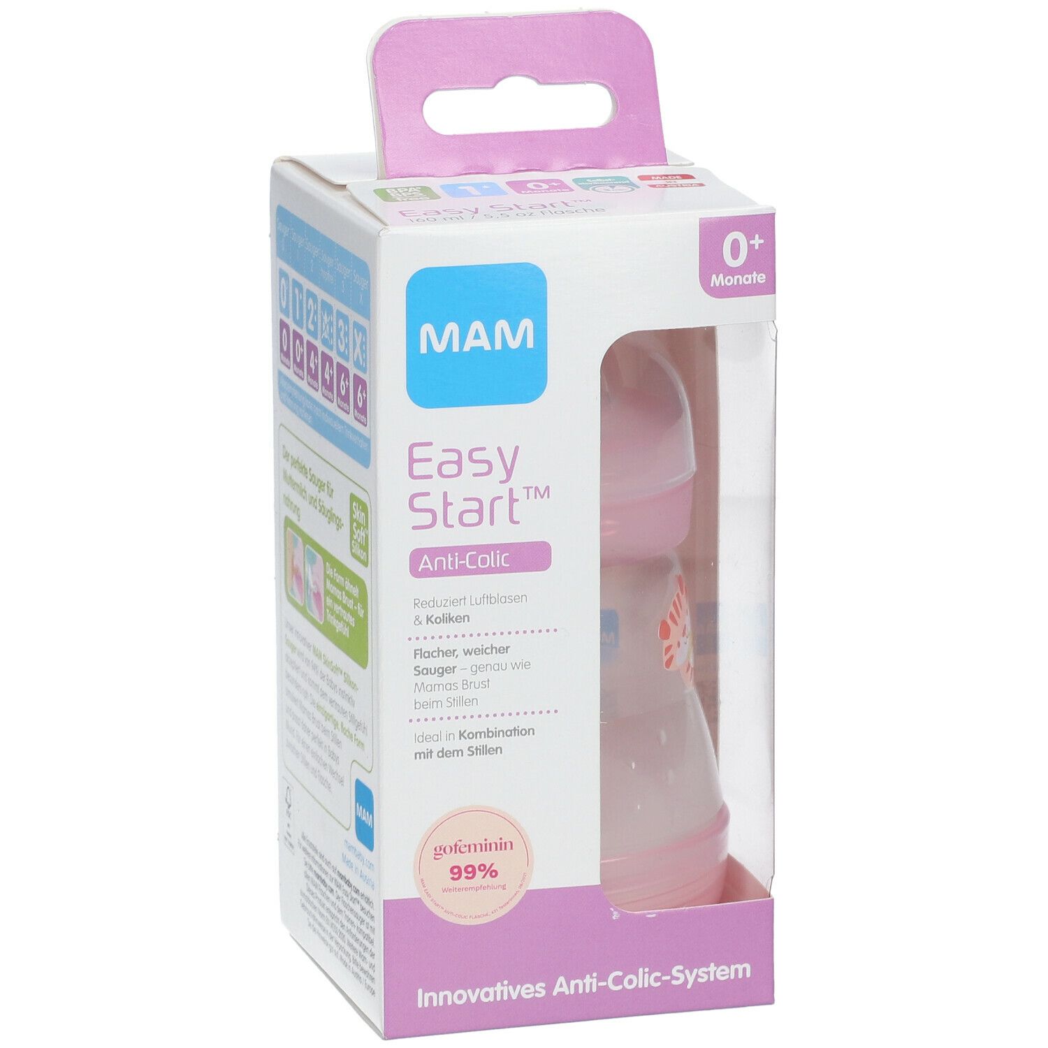 Babyfles in verpakking. Roze fles met dop, speen en dierendecoratie. MAM-logo en productnaam.