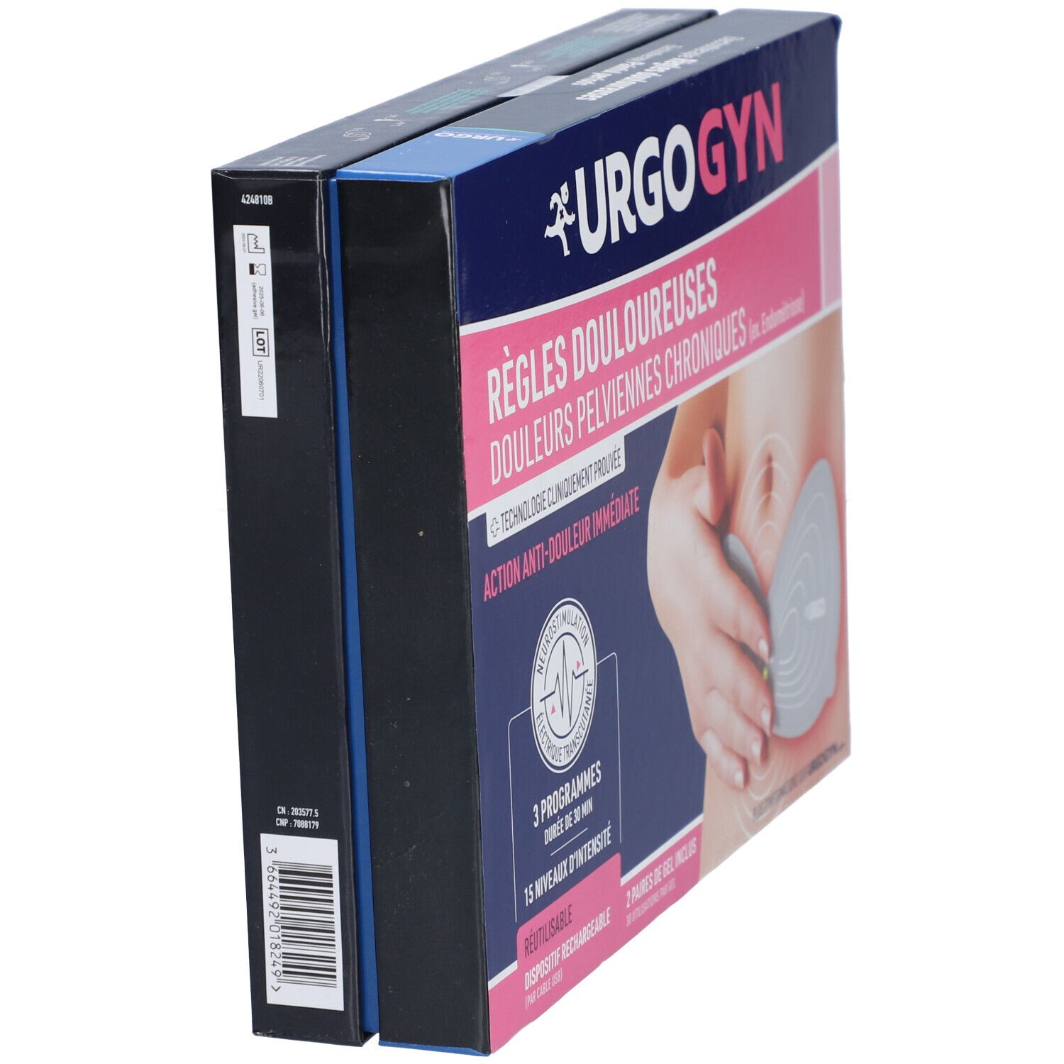 UrgoGyn-verpakking, schuin. Roze en blauwe doos met productnaam en illustratie. Bevat elektroden en tekst over pijnverlichting.