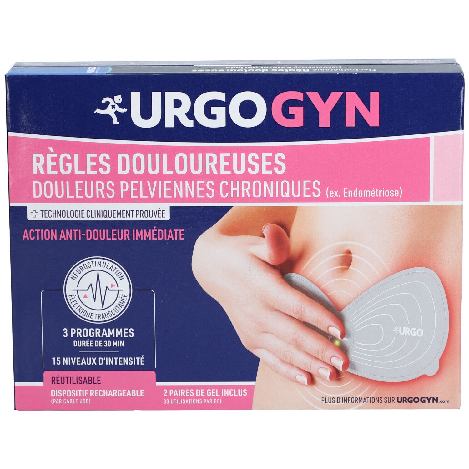 Verpakking van UrgoGyn. Roze en blauwe doos met productnaam en illustratie. Bevat elektroden en tekst over pijnverlichting.