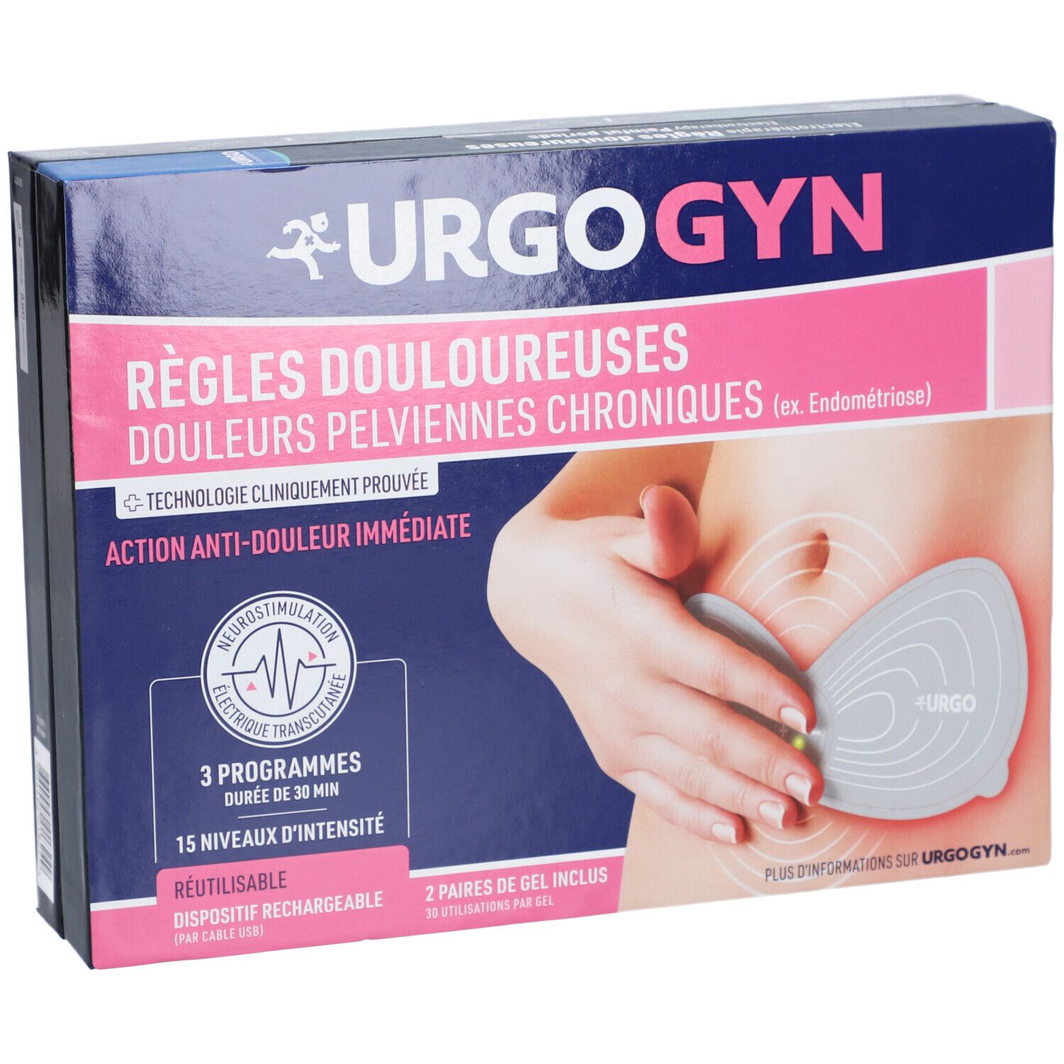 Verpakking van UrgoGyn. Roze en blauwe doos met productnaam en illustratie. Bevat elektroden en tekst over pijnverlichting.