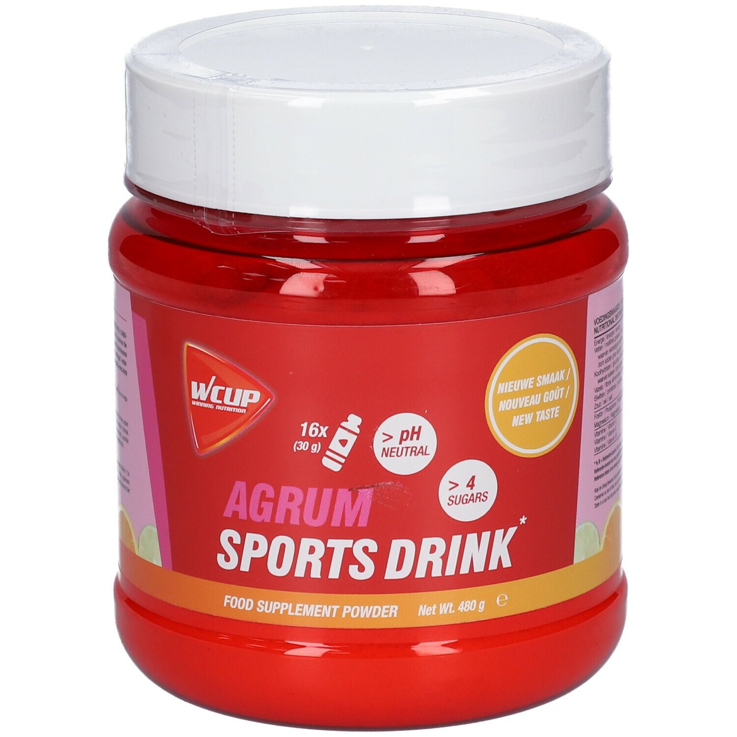 Rode pot met witte deksel. Opschrift: WCUP, AGRUM SPORTS DRINK. Bevat 16 porties, pH neutraal, meer dan 4 suikers. Netto 480 g.