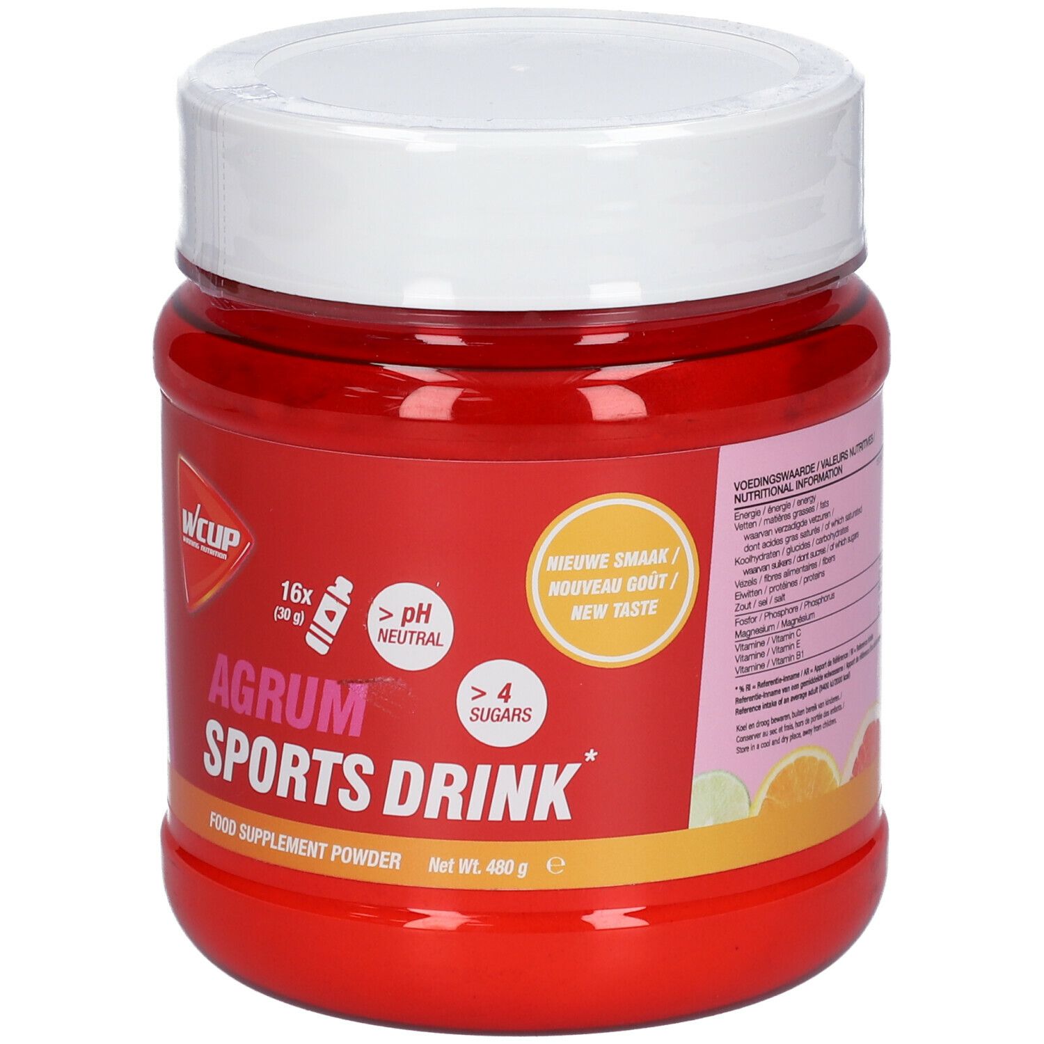 Rode pot met witte deksel. Opschrift: WCUP, AGRUM SPORTS DRINK. Bevat 16 porties, pH neutraal, meer dan 4 suikers. Netto 480 g.