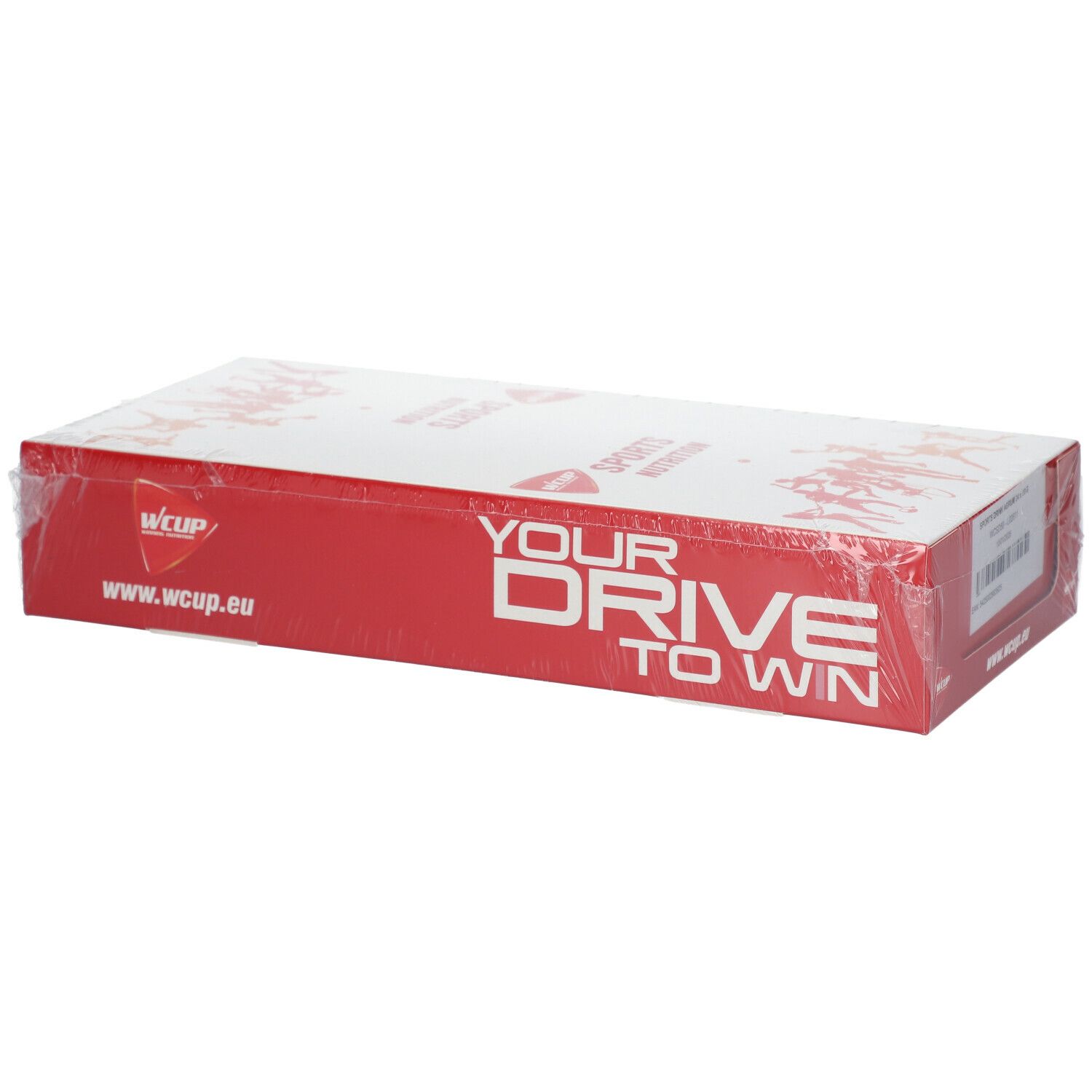 Rode en witte productverpakking. Opschrift: WCUP, www.wcup.eu, Your Drive To Win. Verpakt in folie.