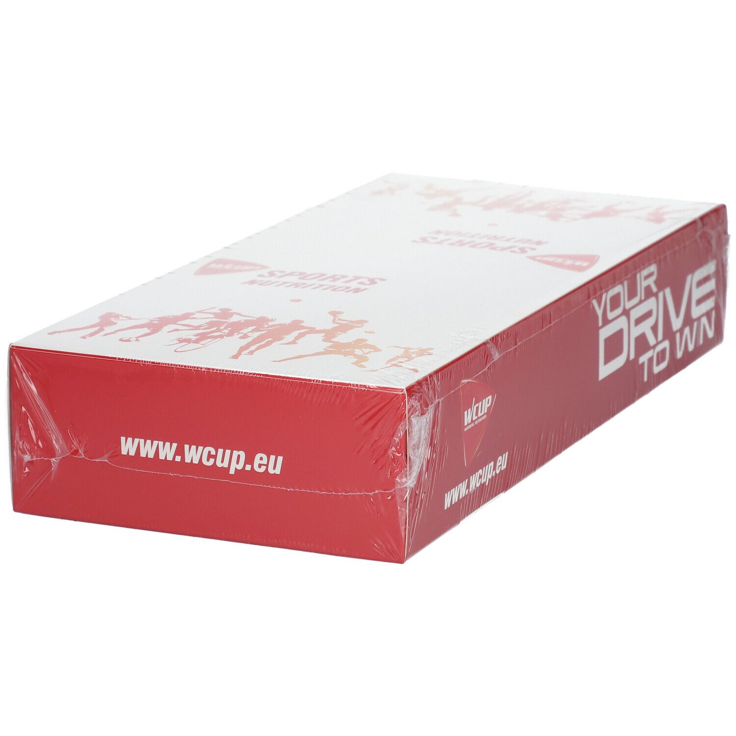 Rode en witte productverpakking. Opschrift: WCUP, www.wcup.eu, Your Drive To Win. Verpakt in folie.
