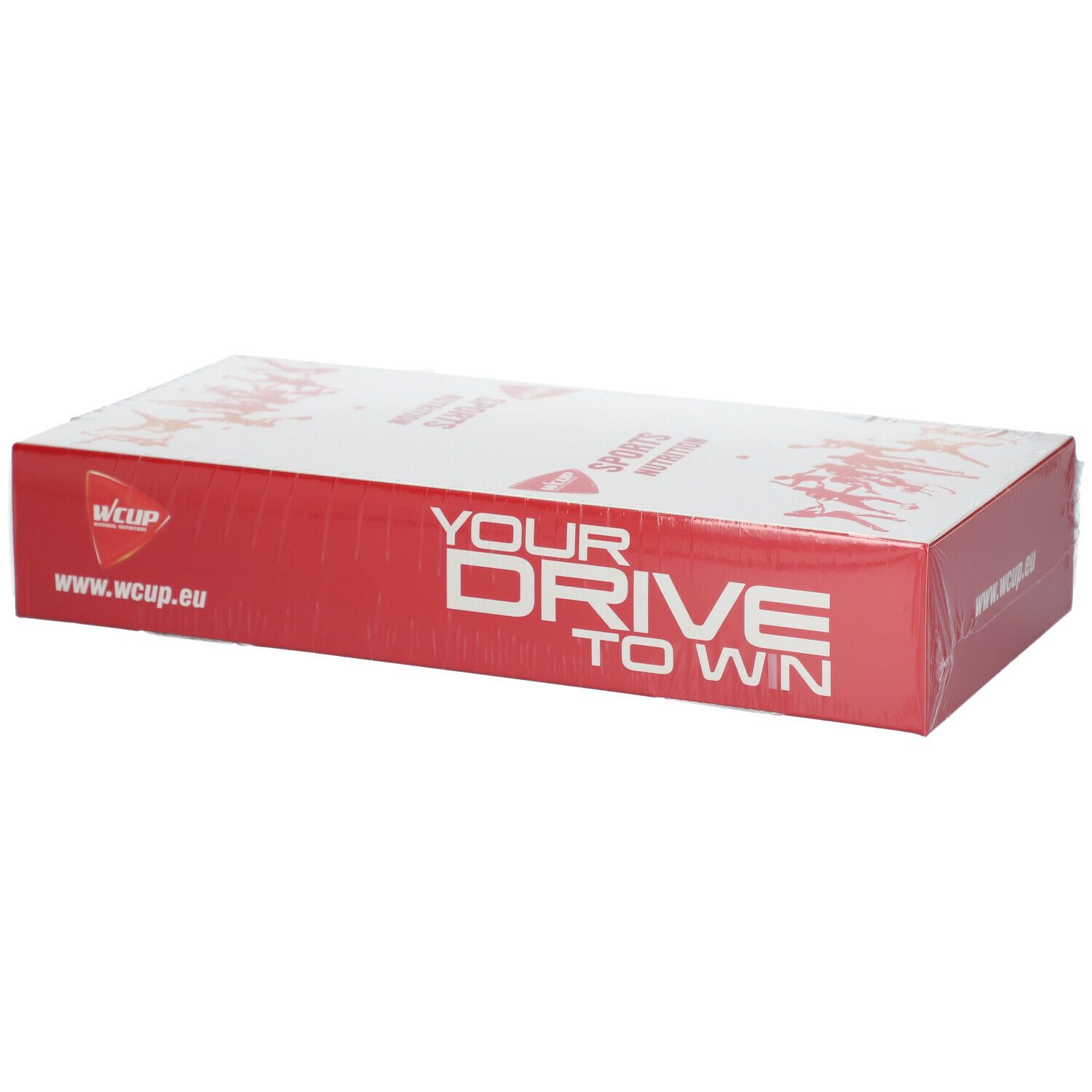 Rode en witte productverpakking. Opschrift: WCUP, www.wcup.eu, Your Drive To Win. Verpakt in folie.