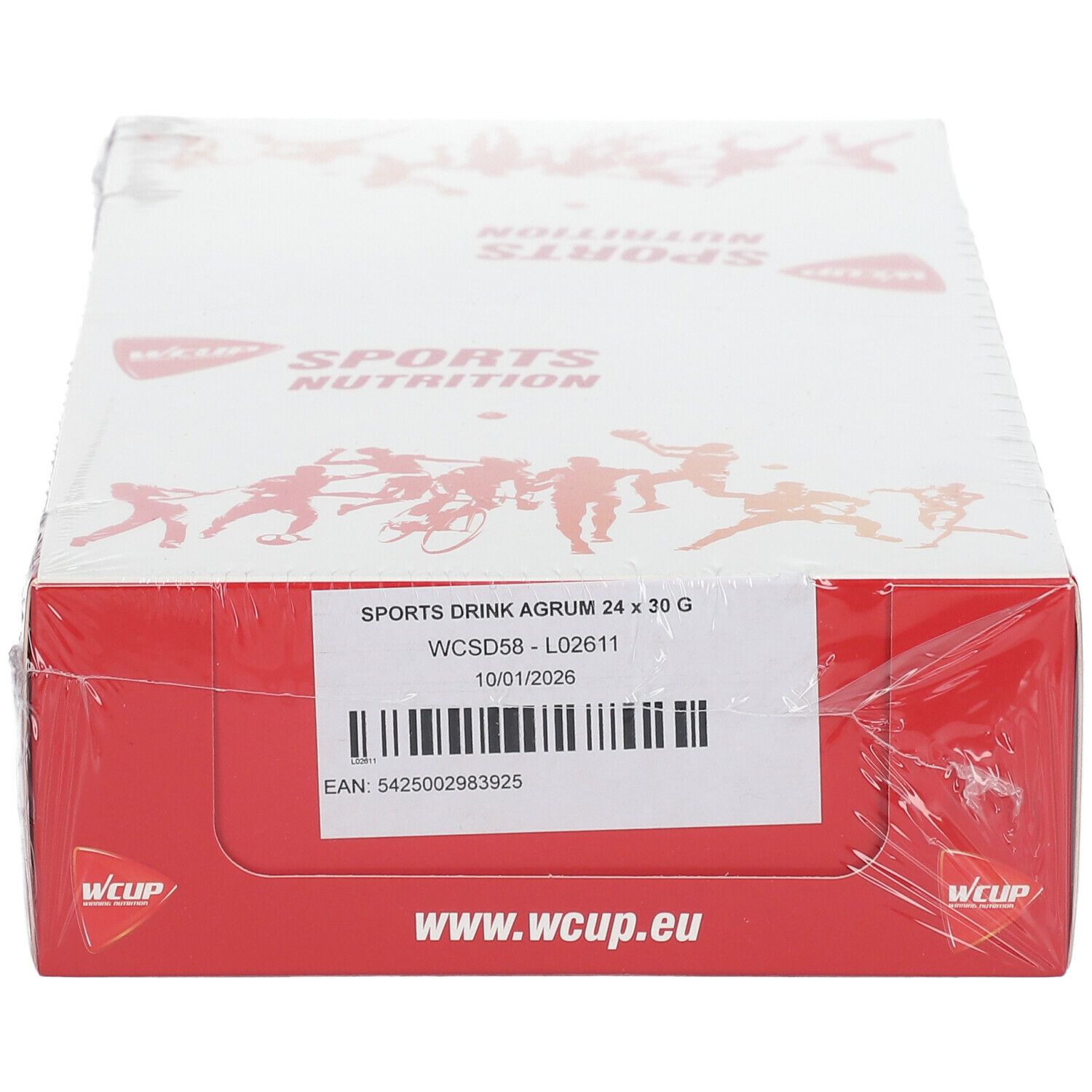 Rode en witte productverpakking. Opschrift: Sports Drink Agrum, WCUP, www.wcup.eu. Verpakt in folie. Barcode.