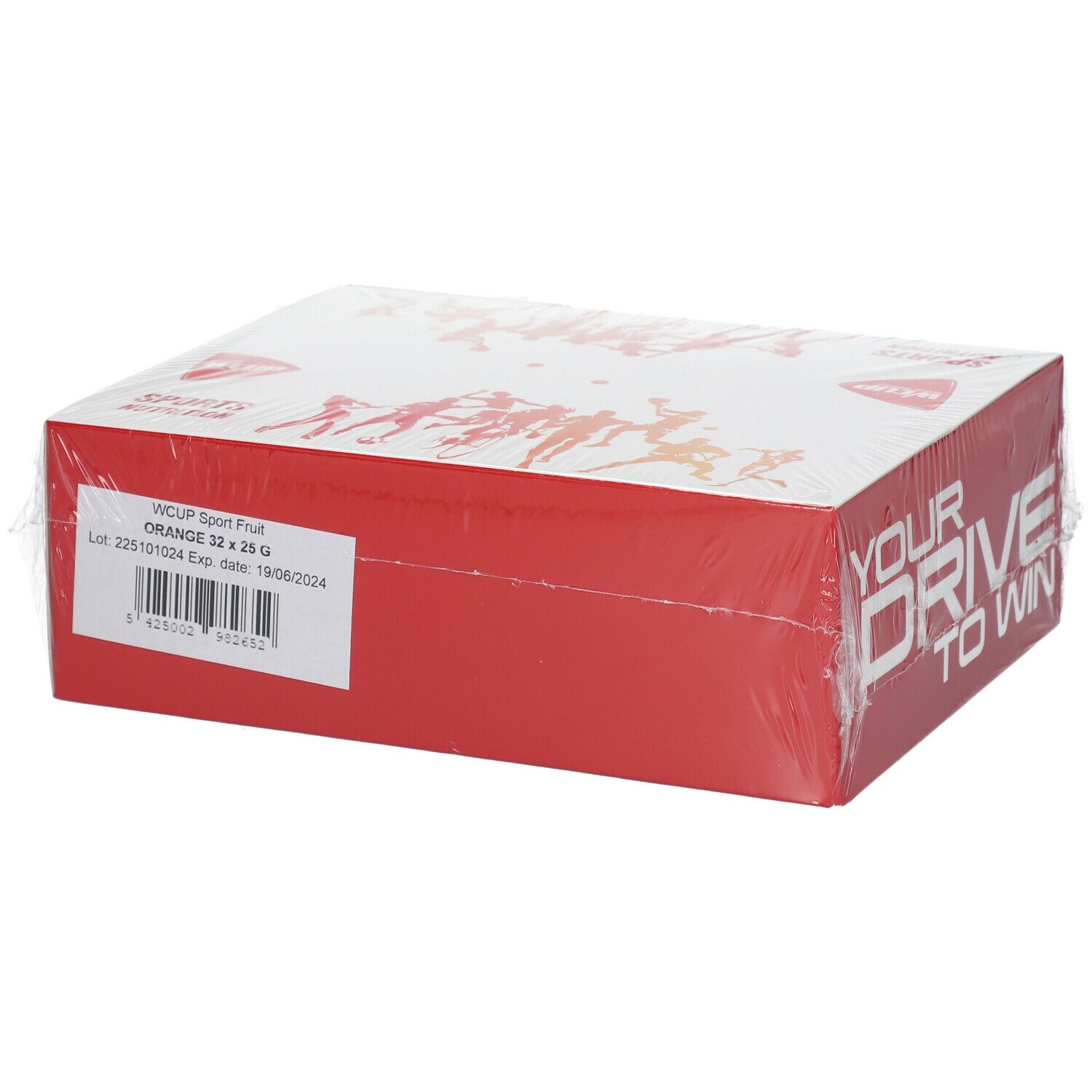Rote Verpackung mit weißem Deckel. Aufdruck: WCUP Sport Fruit Orange, Losnummer und Verfallsdatum. In Folie verpackt.