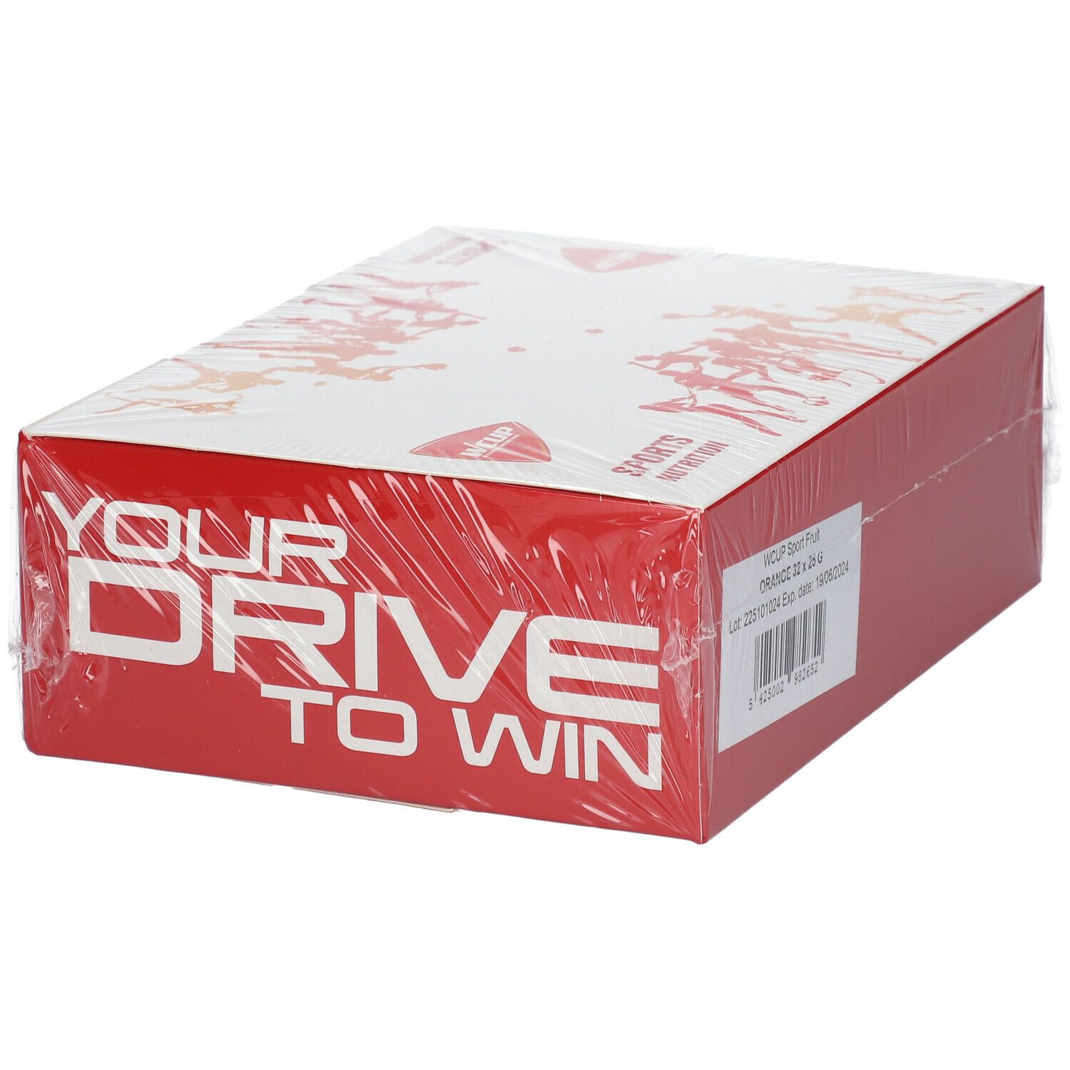 Rote Verpackung mit weißem Deckel. Aufdruck: WCUP, „YOUR DRIVE TO WIN“. In Folie verpackt. Aufdruck mit Barcode.