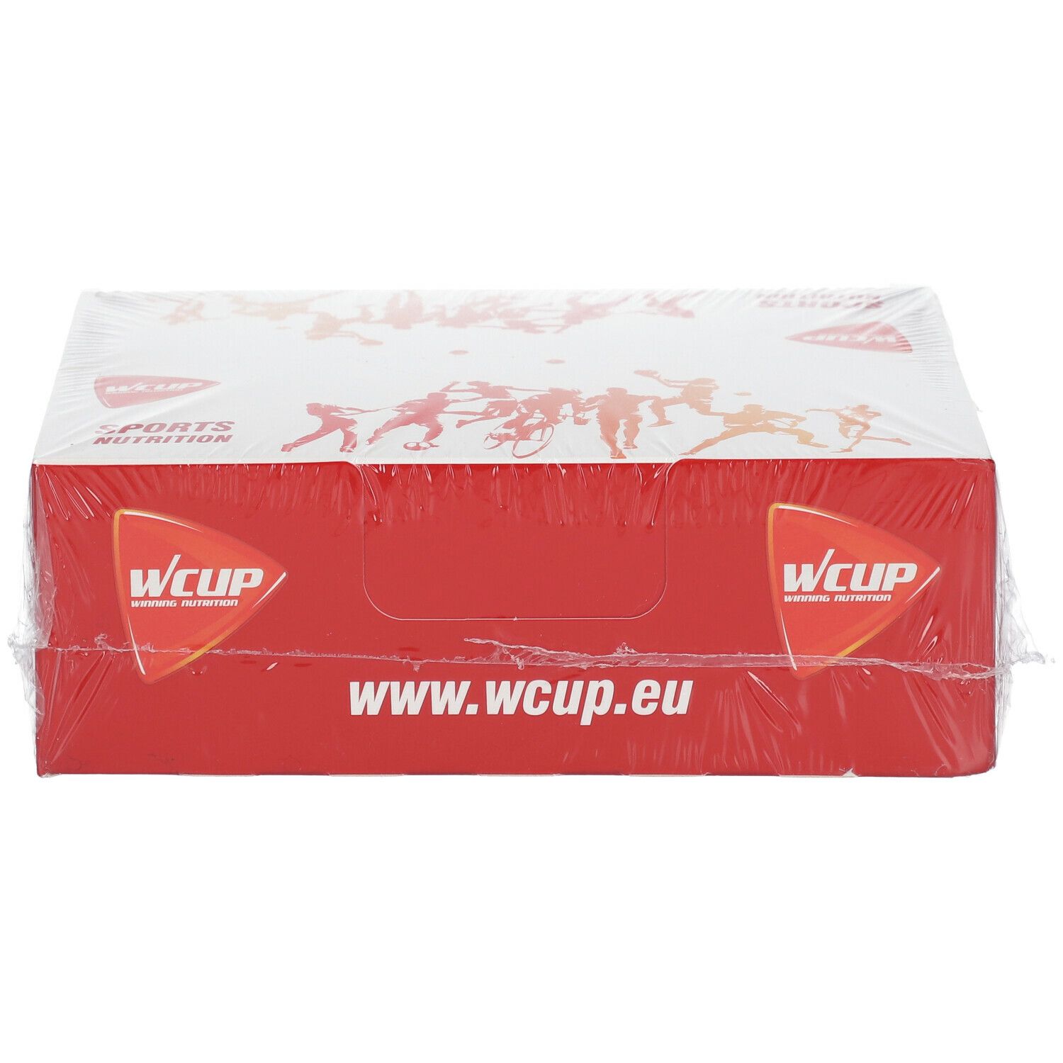 Rote Verpackung mit weißem Deckel. Aufdruck: WCUP, www.wcup.eu. In Folie verpackt. Aufdruck mit Sportlern.