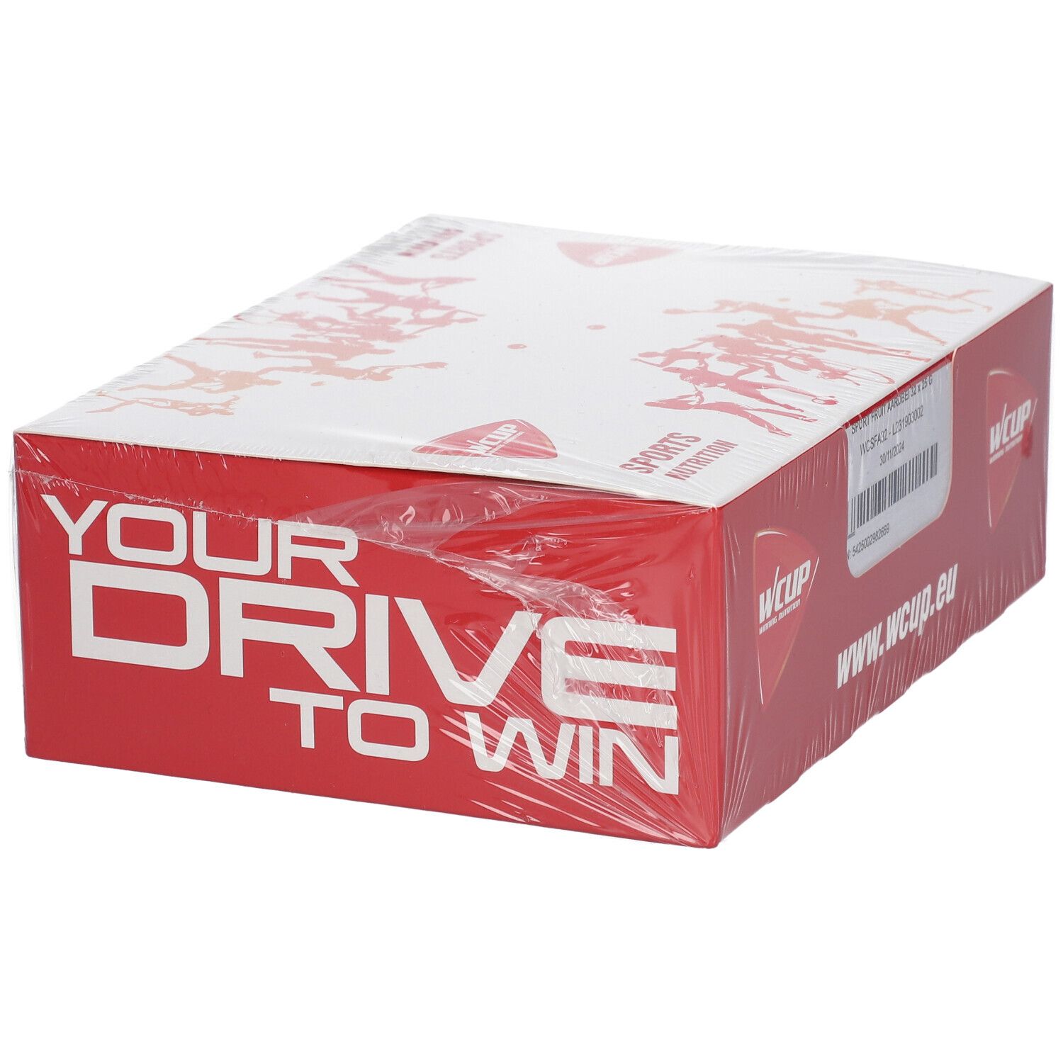 Rote Kartonverpackung mit WCUP-Logo und Text. Aufschrift: "YOUR DRIVE TO WIN". Produktname und Barcode sichtbar.