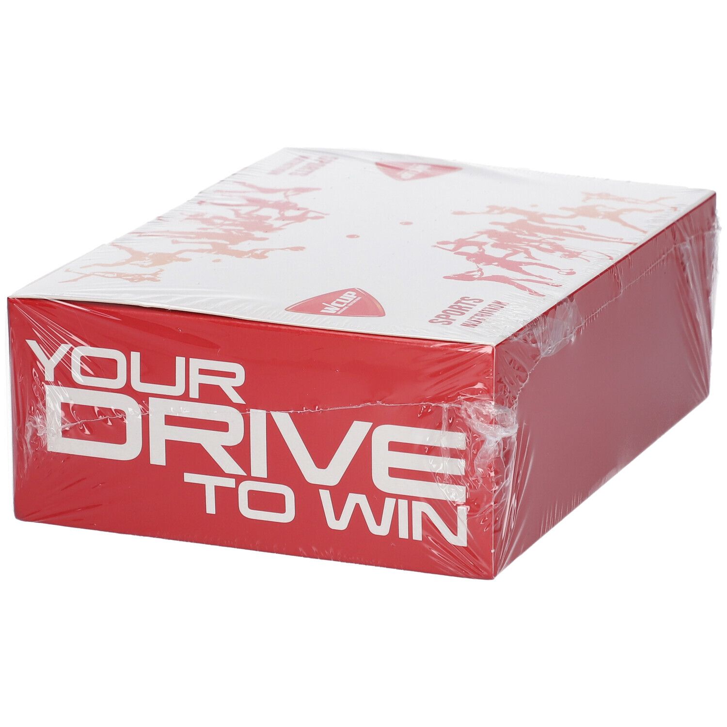 Rote Kartonverpackung mit WCUP-Logo und Text. Aufschrift: "YOUR DRIVE TO WIN". Produktname und Barcode sichtbar.