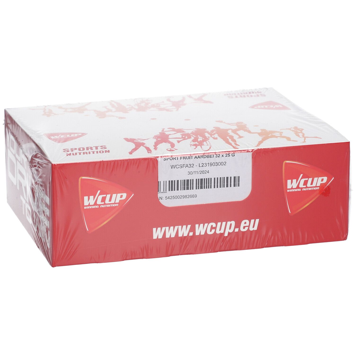 Rote Kartonverpackung mit WCUP-Logo und Text. Aufschrift: "YOUR DRIVE TO WIN". Produktname und Barcode sichtbar.