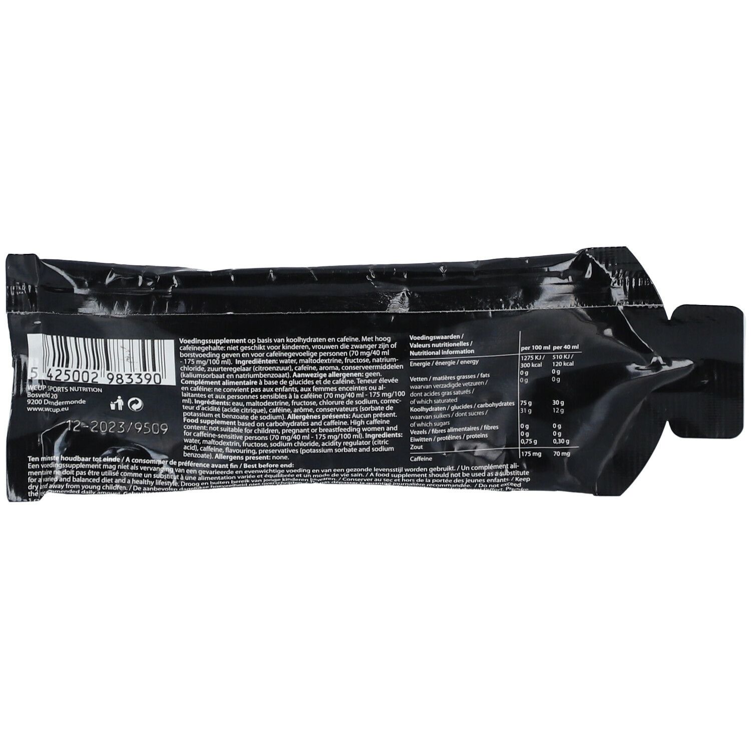 Dos de l'emballage WCUP Red Xplosion. Fond noir avec texte blanc. Contient des informations nutritionnelles et un code-barres.