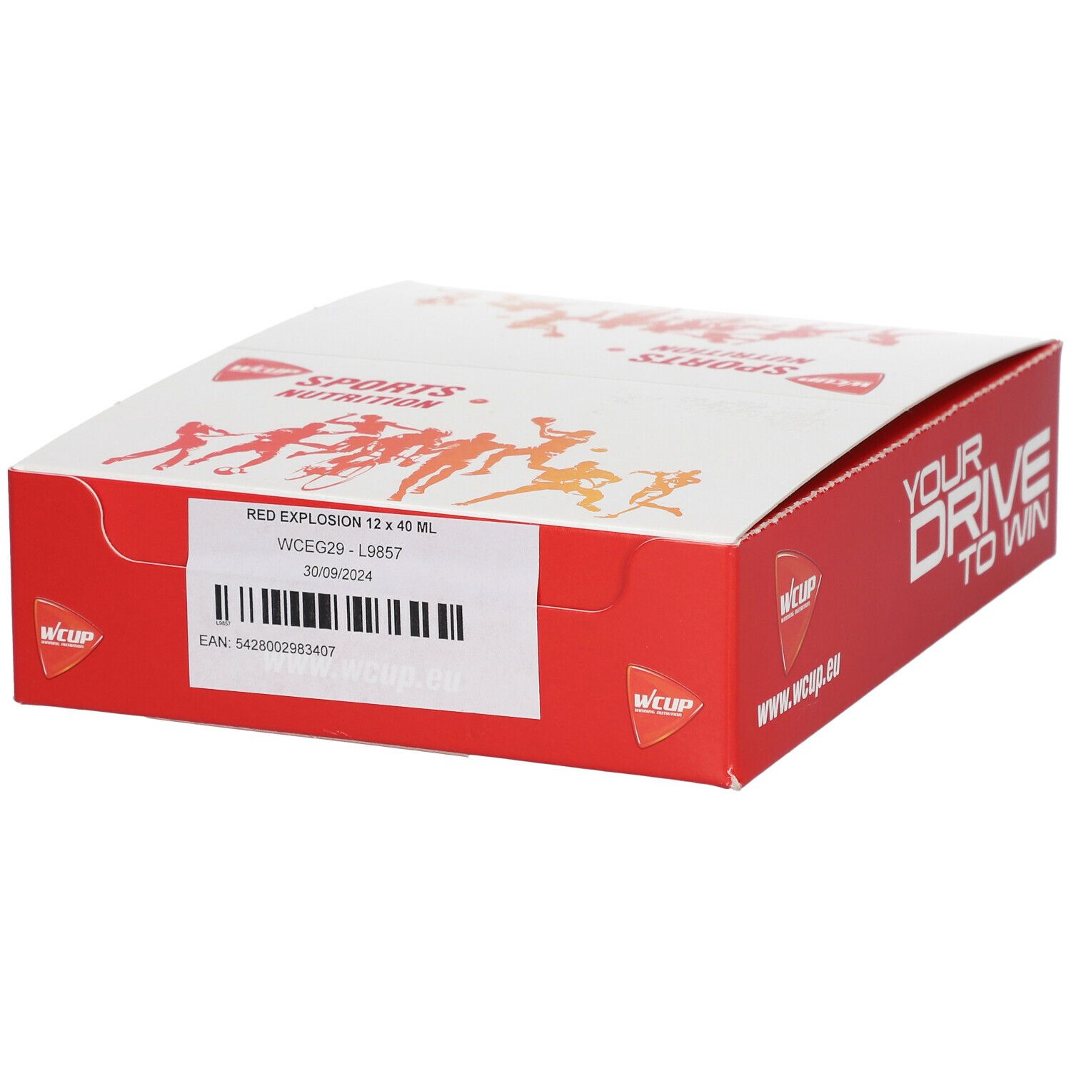 Rode WCUP-doos met productinformatie. Opschrift: RED EXPLOSION 12 x 40 ml. Barcode en logo.