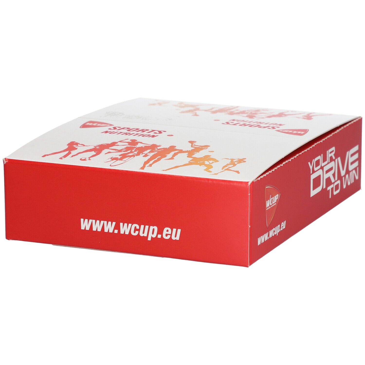 Rode WCUP-doos met opschrift YOUR DRIVE TO WIN en logo. Bovenop: SPORTS NUTRITION en afbeelding van atleten. www.wcup.eu.