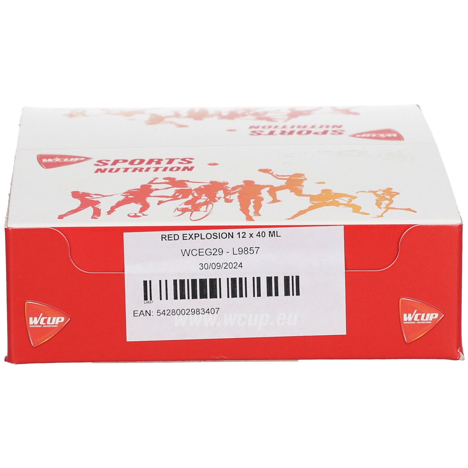 Rode WCUP-doos met productinformatie. Opschrift: RED EXPLOSION 12 x 40 ml. Barcode en logo. SPORTS NUTRITION.