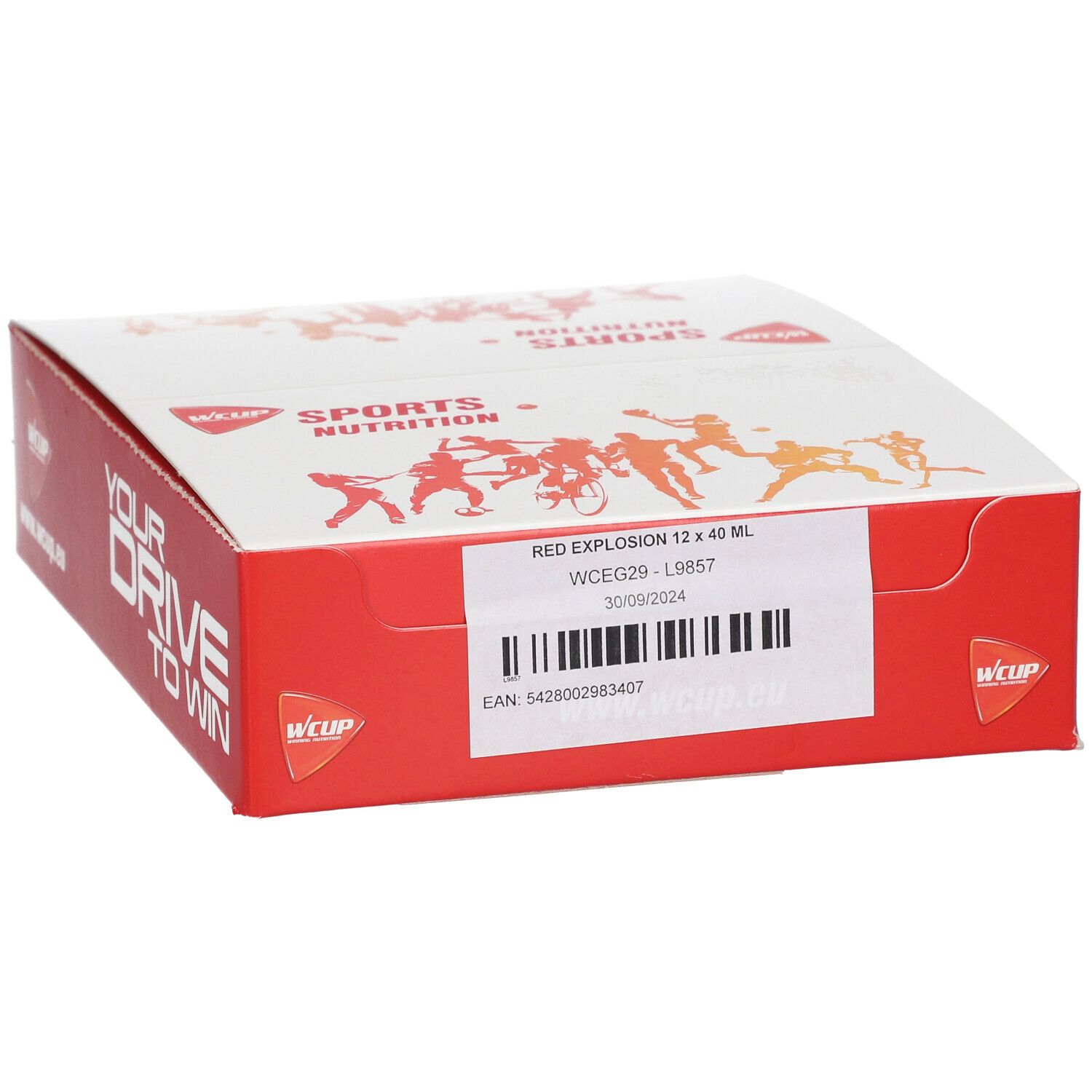 Rode WCUP-doos met productinformatie. Opschrift: RED EXPLOSION 12 x 40 ml. Barcode en logo. SPORTS NUTRITION.