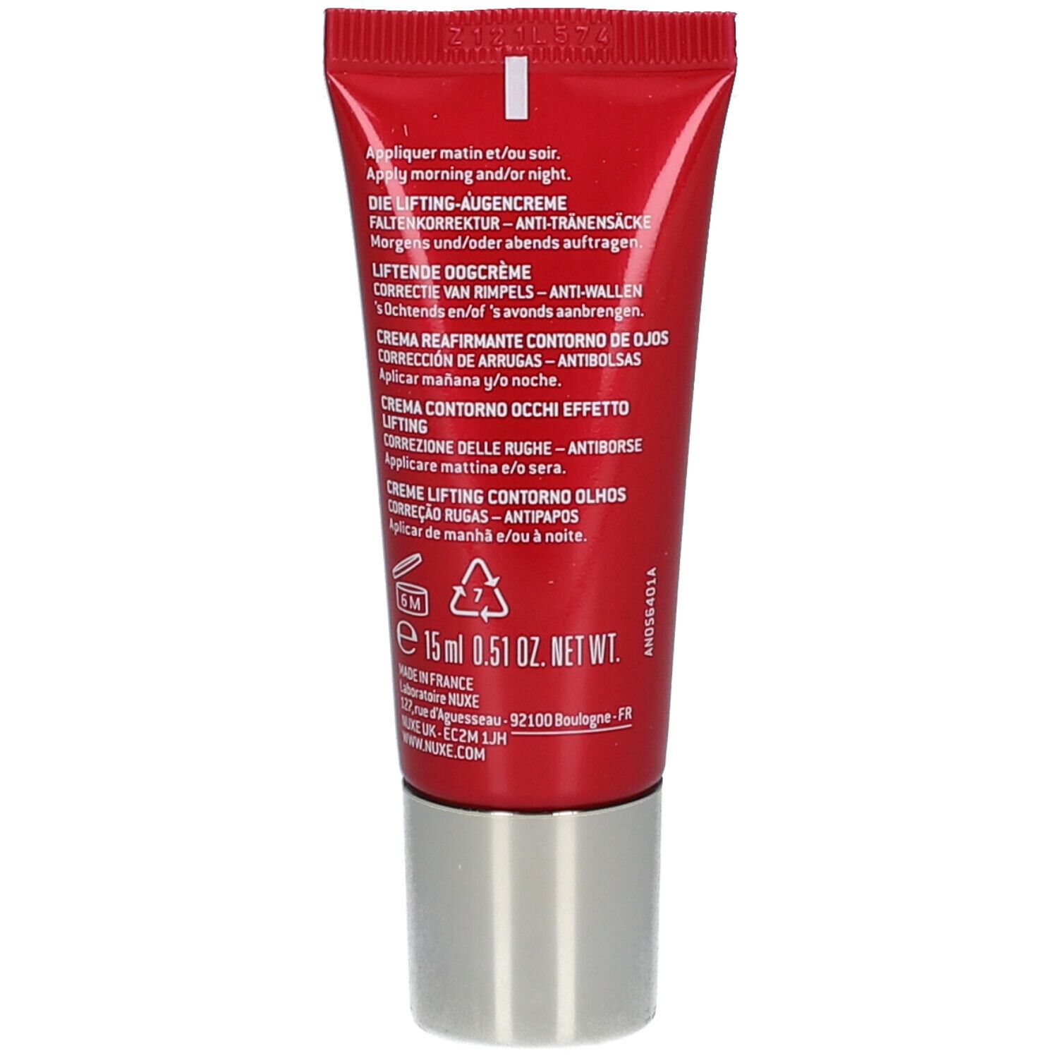 Achterkant rode tube. Meertalige tekst. Ingrediënten, instructies. Made in France. 15 ml.