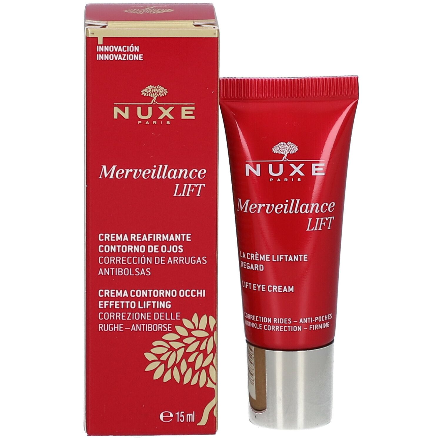 Rode doos en tube. Opschrift: Nuxe, Merveillance Lift. Oogcrème. 15 ml.