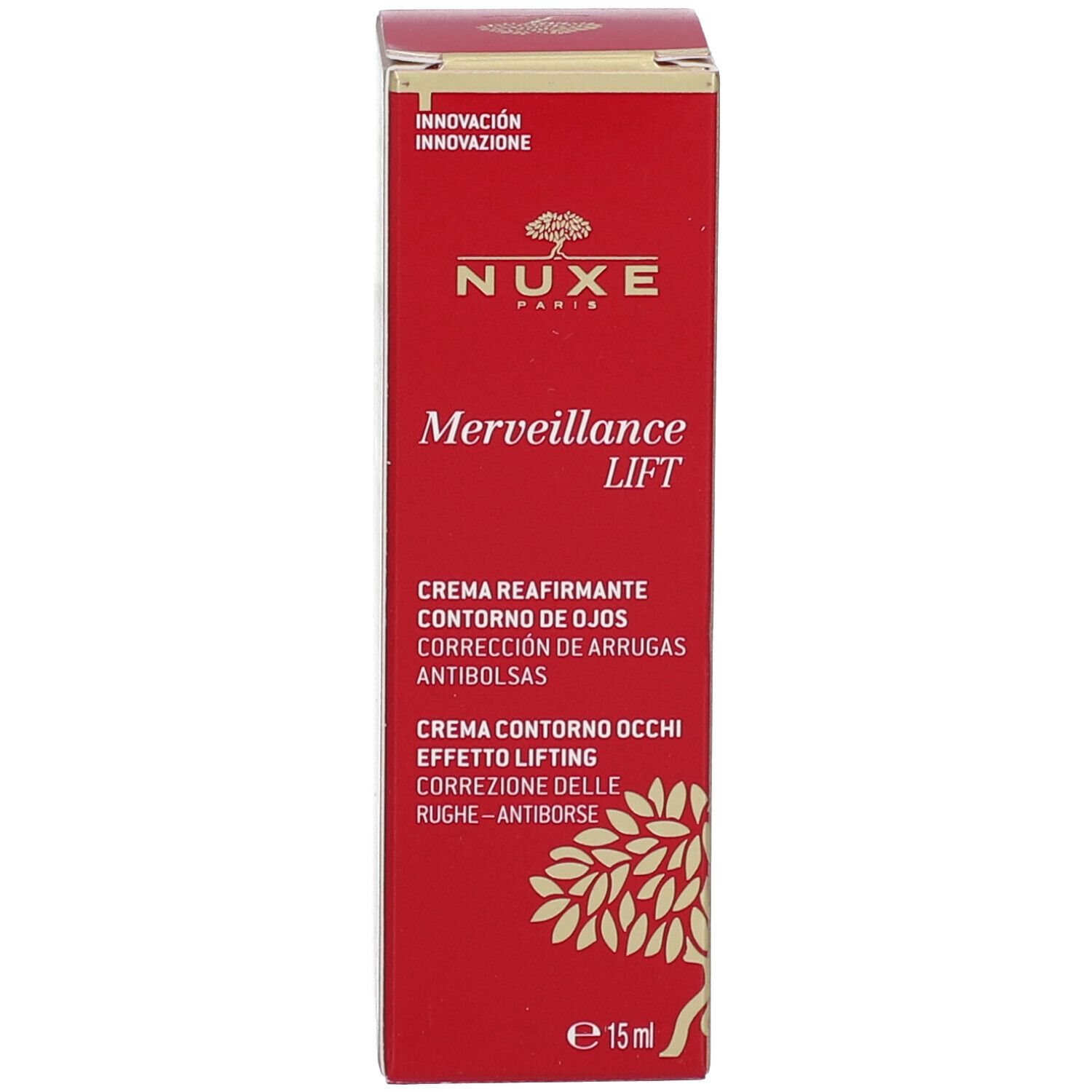 Rode doos met opschrift: Nuxe, Merveillance Lift. Oogcrème. 15 ml. Gouden accent.