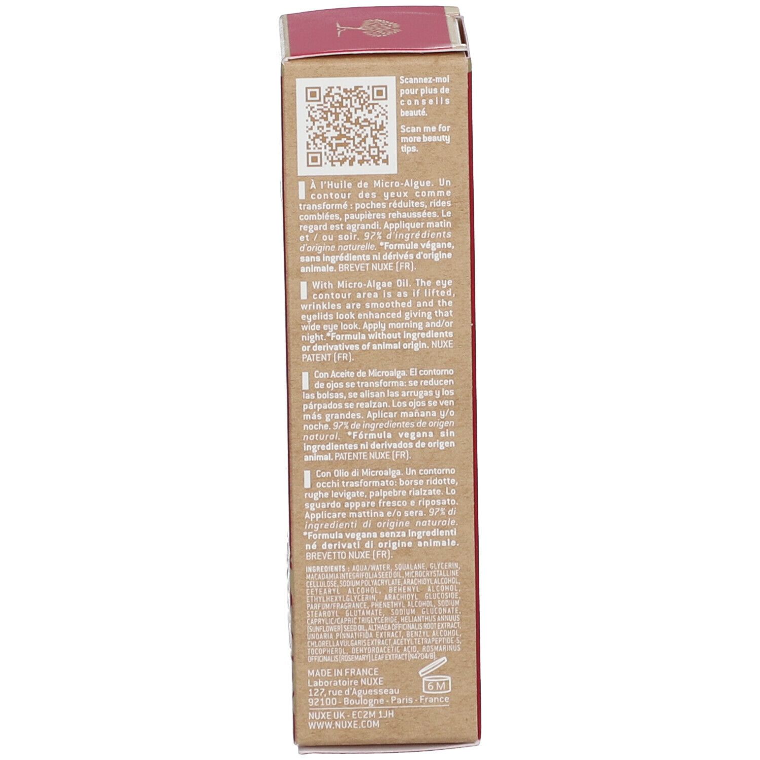 Achterkant doos. Meertalige tekst. Ingrediënten, instructies. QR-code.