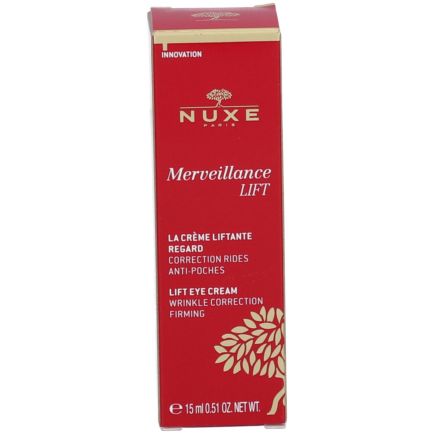 Rode doos met opschrift: Nuxe, Merveillance Lift. Oogcrème. 15 ml. Boomlogo.
