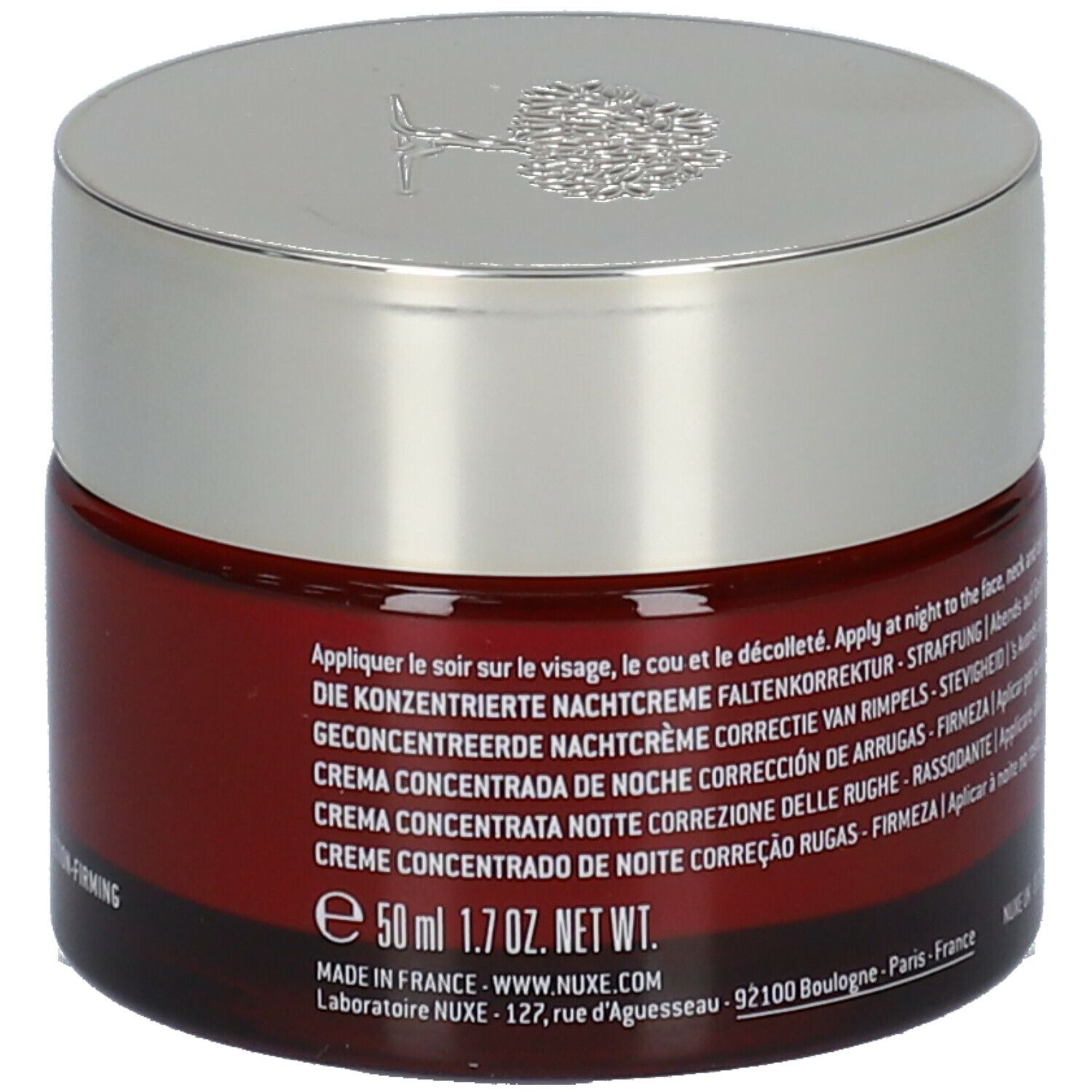 Rode pot met zilveren deksel. Opschrift: NUXE PARIS. Meertalige tekst. 50 ml.