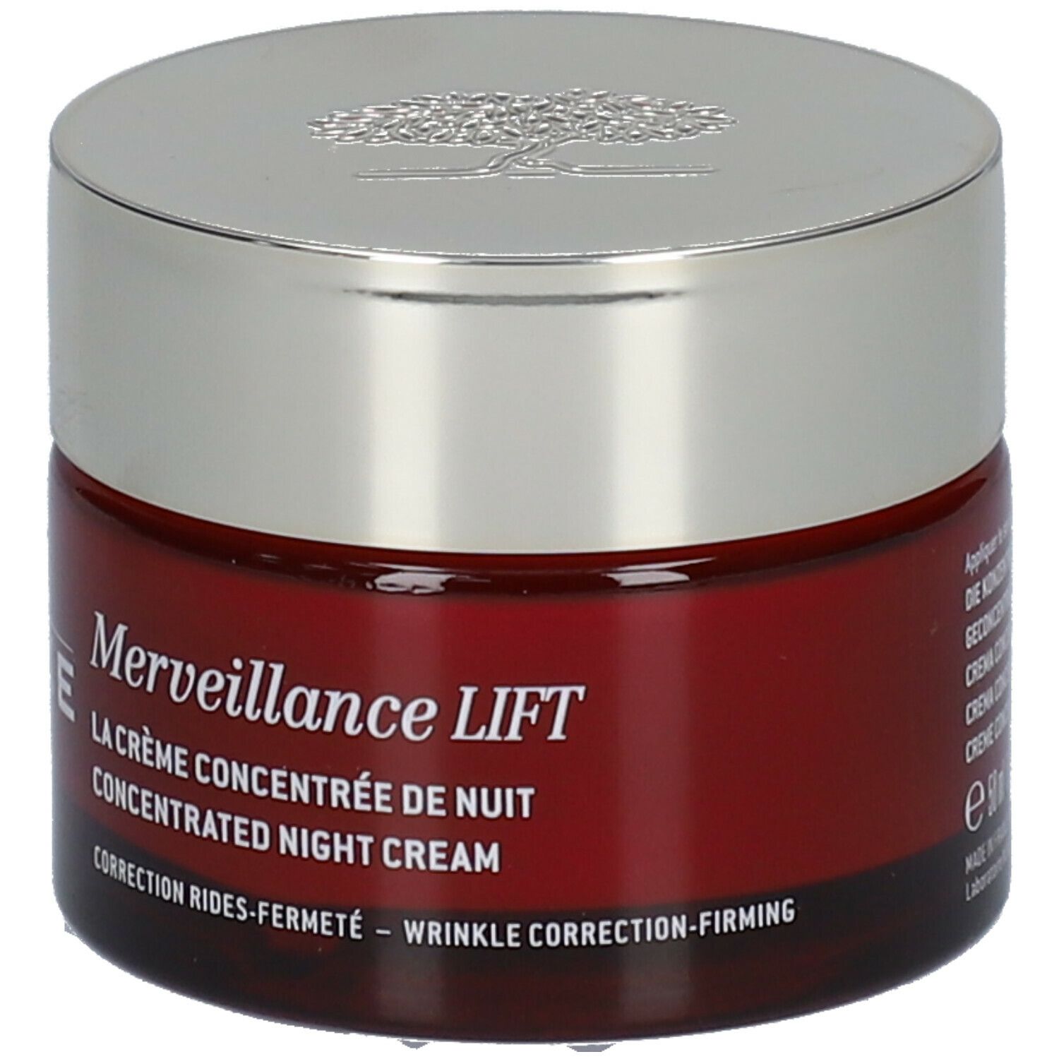 Rode pot met zilveren deksel. Opschrift: Merveillance LIFT, La Crème Concentrée de Nuit. Concentrated Night Cream.