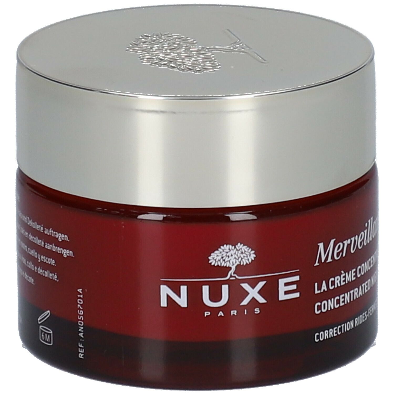 Rode pot met zilveren deksel. Opschrift: NUXE PARIS, Merveillance, La Crème Concentrée de Nuit. Concentrated Night Cream. 6M-symbool.