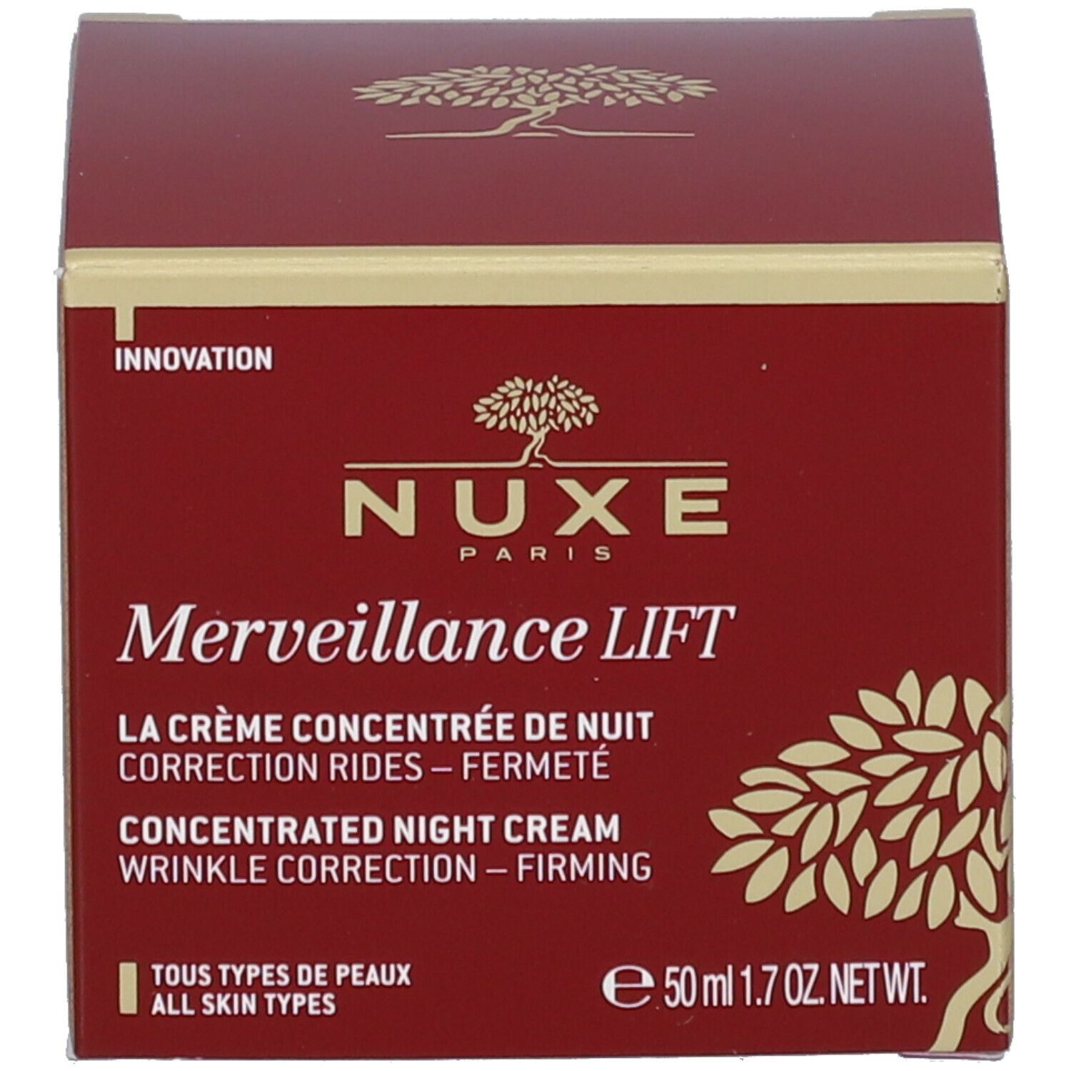 Rode doos. Opschrift: NUXE, Merveillance LIFT, La Crème Concentrée de Nuit. Concentrated Night Cream. 50 ml.