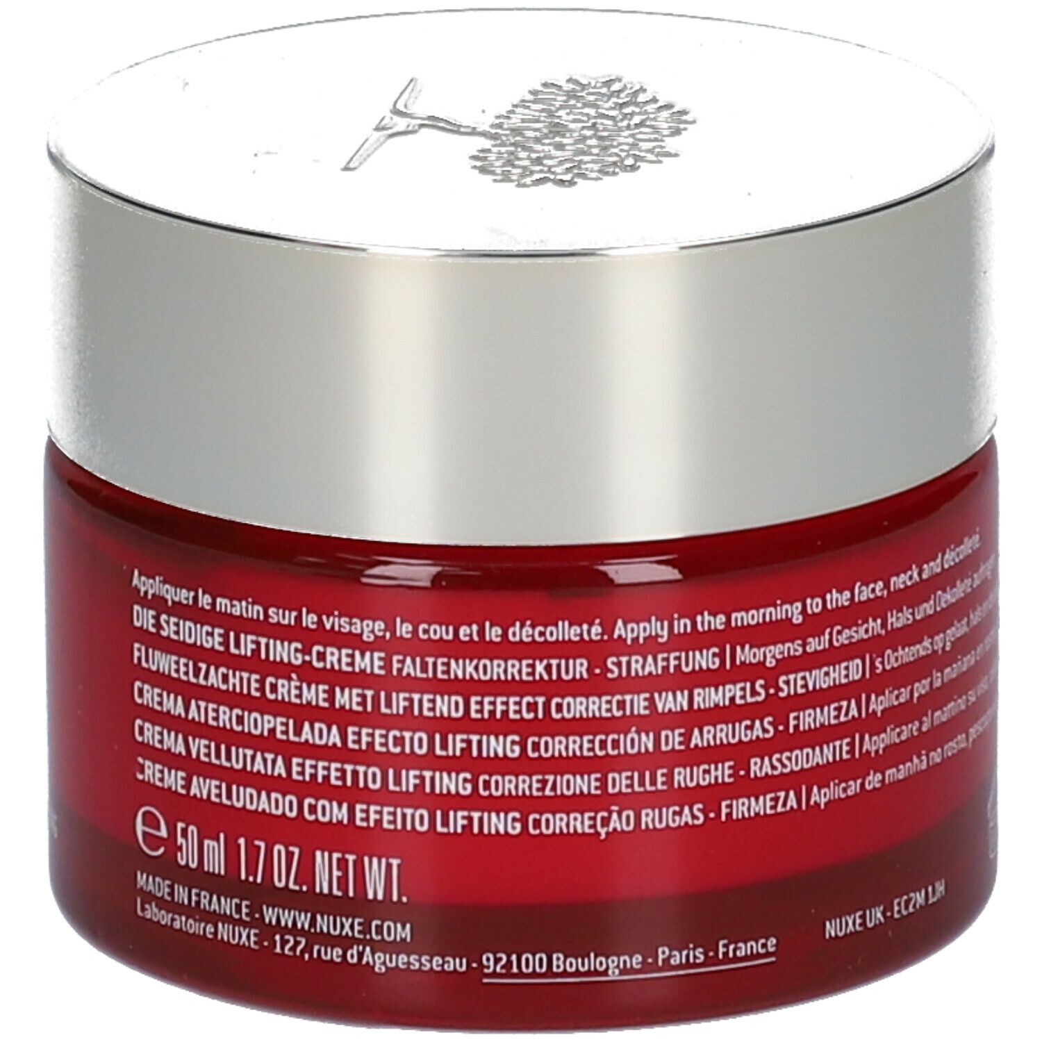 Rode pot met zilveren deksel. Opschrift: NUXE PARIS. Meertalige tekst. Volume: 50 ml.