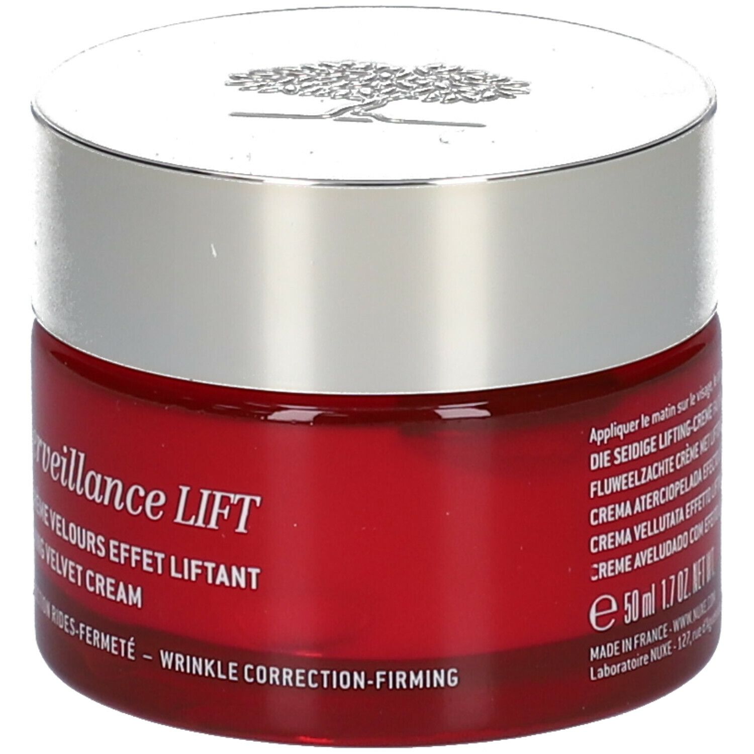 Rode pot met zilveren deksel. Opschrift: Merveillance Lift, La Crème Velours Effet Liftant, Firming Velvet Cream. Volume: 50 ml.