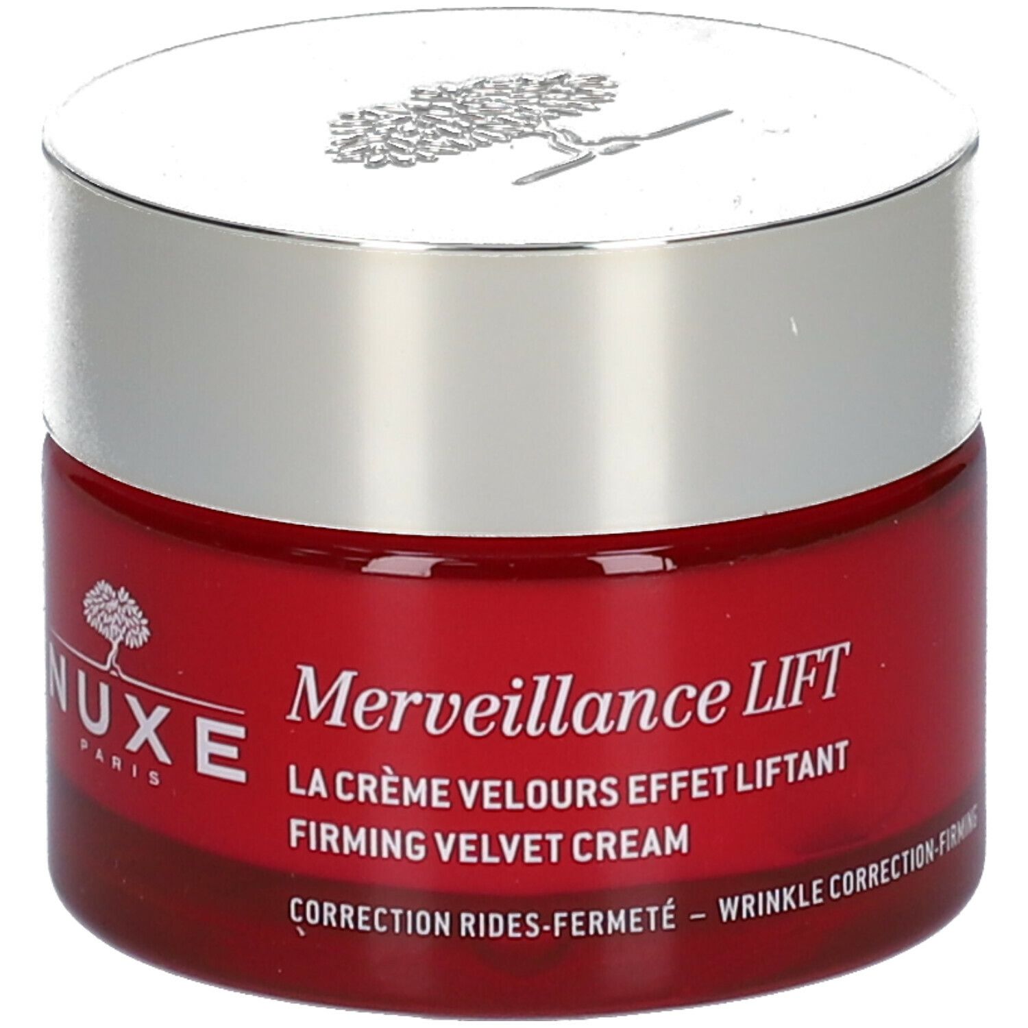 Rode pot met zilveren deksel. Opschrift: NUXE PARIS, Merveillance Lift, La Crème Velours Effet Liftant, Firming Velvet Cream.