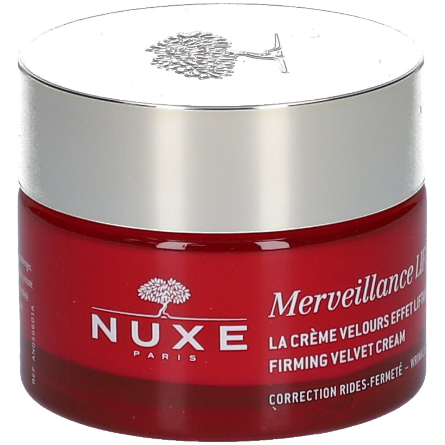Rode pot met zilveren deksel. Opschrift: NUXE PARIS, Merveillance Lift, La Crème Velours Effet Liftant, Firming Velvet Cream.