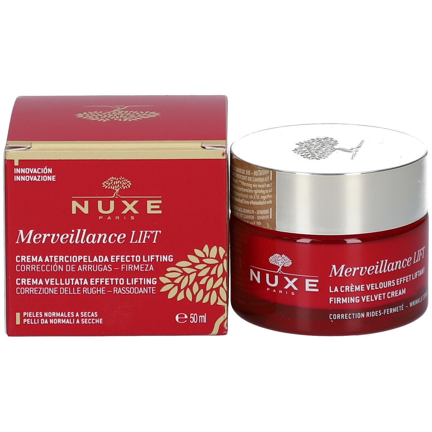 Rode pot en doos. Opschrift: NUXE, Merveillance Lift, La Crème Velours Effet Liftant. Volume: 50 ml.