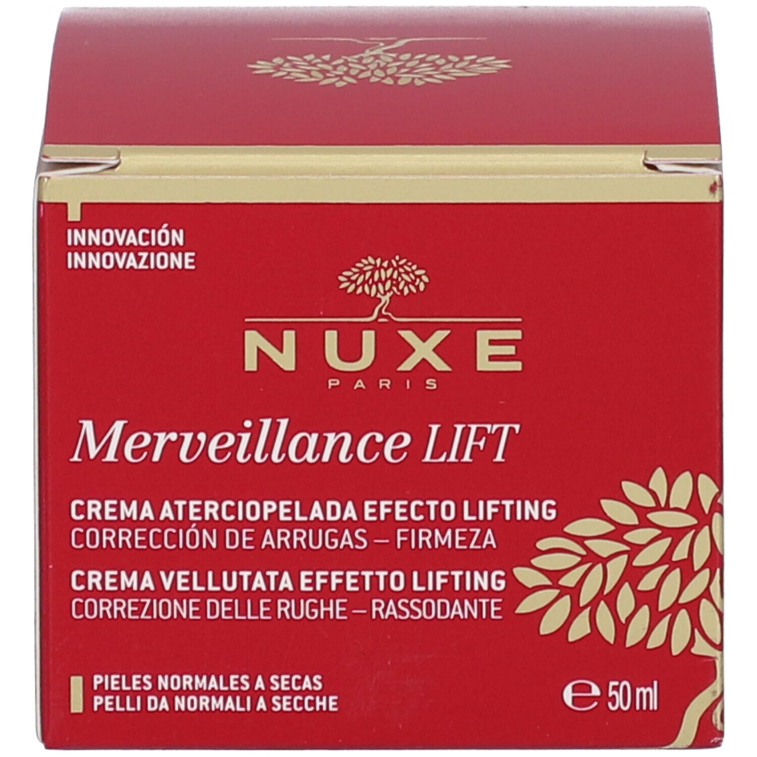 Rode doos. Opschrift: NUXE, Merveillance Lift, La Crème Velours Effet Liftant. Volume: 50 ml.