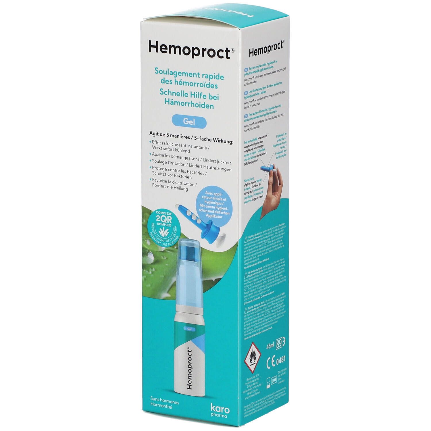 Emballage carton Hemoproct Gel. Nom du produit et description en allemand, français et anglais. Avec applicateur.