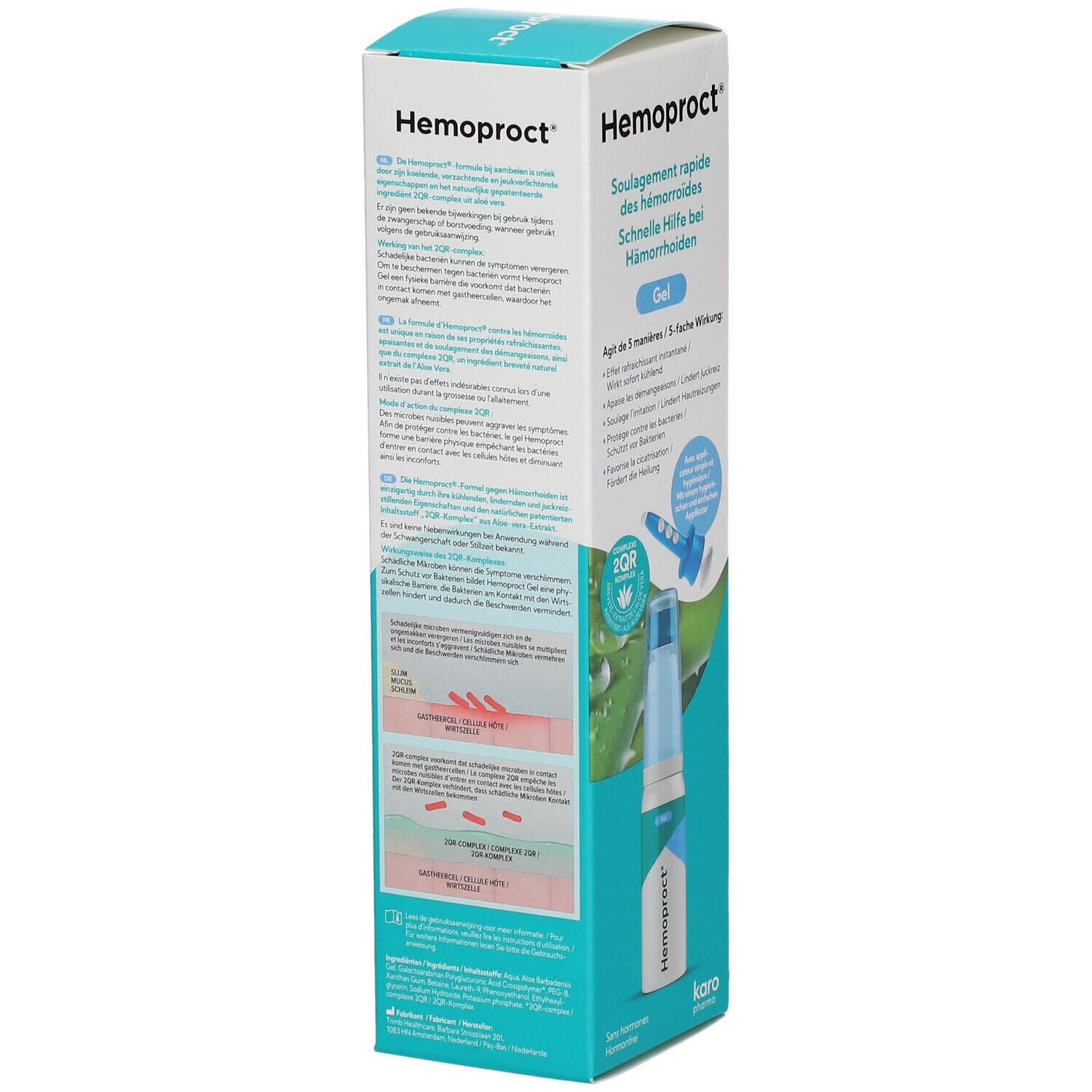 Dos de l'emballage Hemoproct Gel. Informations produit en plusieurs langues. Avec illustrations et code QR.
